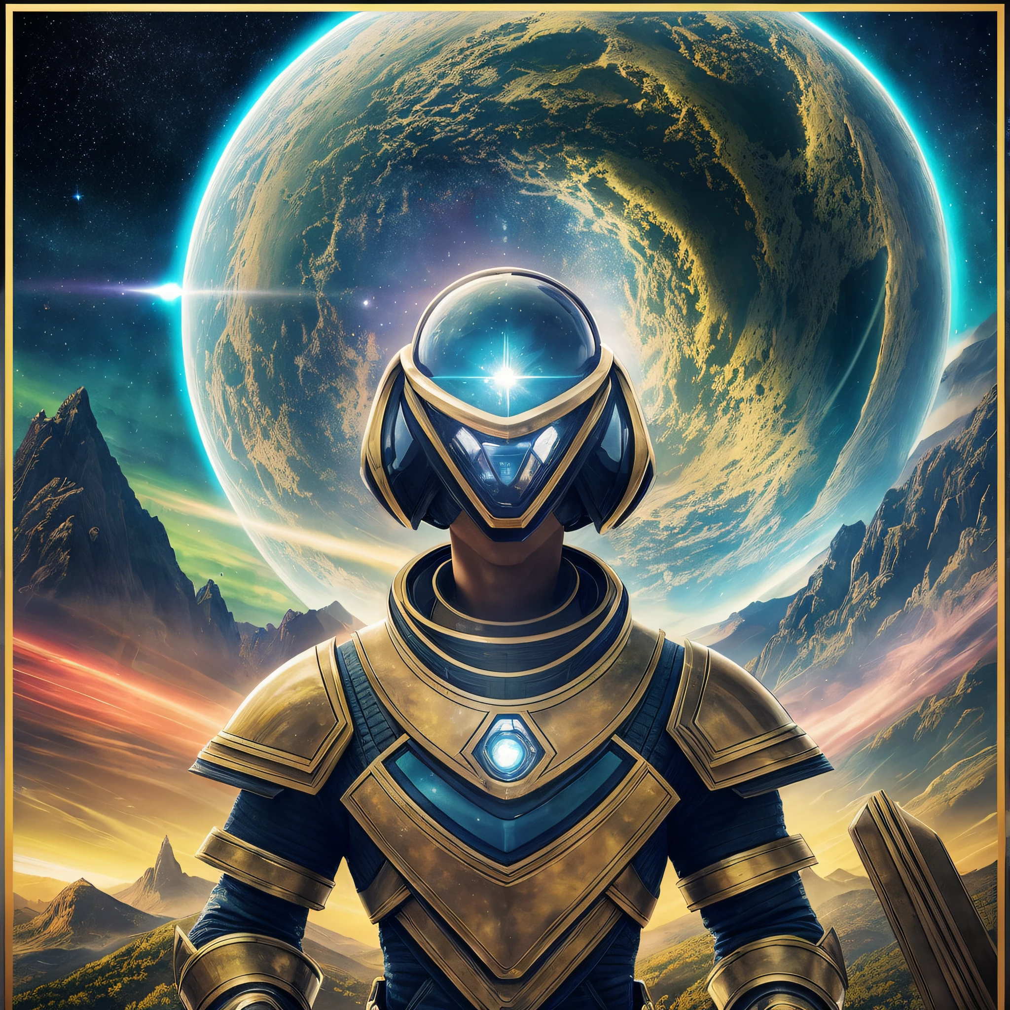 Imagine a classic painting that transports the viewer to a universe where Renaissance art meets the distant future of science fiction. In this work, you are challenged to portray a grandiose scene, evoking the majesty of the Renaissance with a futuristic twist.
In the painting, you must represent a stunning scenery, reminiscent of the stunning landscapes of the Renaissance masters, with majestic mountains, verdant valleys and a deep blue sky. However, the landscape is dominated by sci-fi elements that break the temporal linearity.
Incorporate futuristic elements like floating cities into lush architectural forms, elegant space vehicles crisscrossing the skies, and a myriad of bright stars, which illuminate the landscape with a cosmic splendor.
In the center of the scene, place a human figure, dressed in Renaissance clothing, but with a futuristic touch, like armor adorned with technological details. This figure should express curiosity and admiration as he observes this unexpected fusion of past and future. Maybe it's looking at an alien aurora or a colossal spaceship hovering on the horizon.
Challenge yourself to explore the mix of styles and represent the harmony between the past and the future. Think of Renaissance painting techniques, such as the masterful use of color, perspective, and light, and how you can apply them to create a unique effect in this Renaissance sci-fi work.
Be creative and allow your imagination to fly at this junction of two distinct artistic universes. --auto --s2