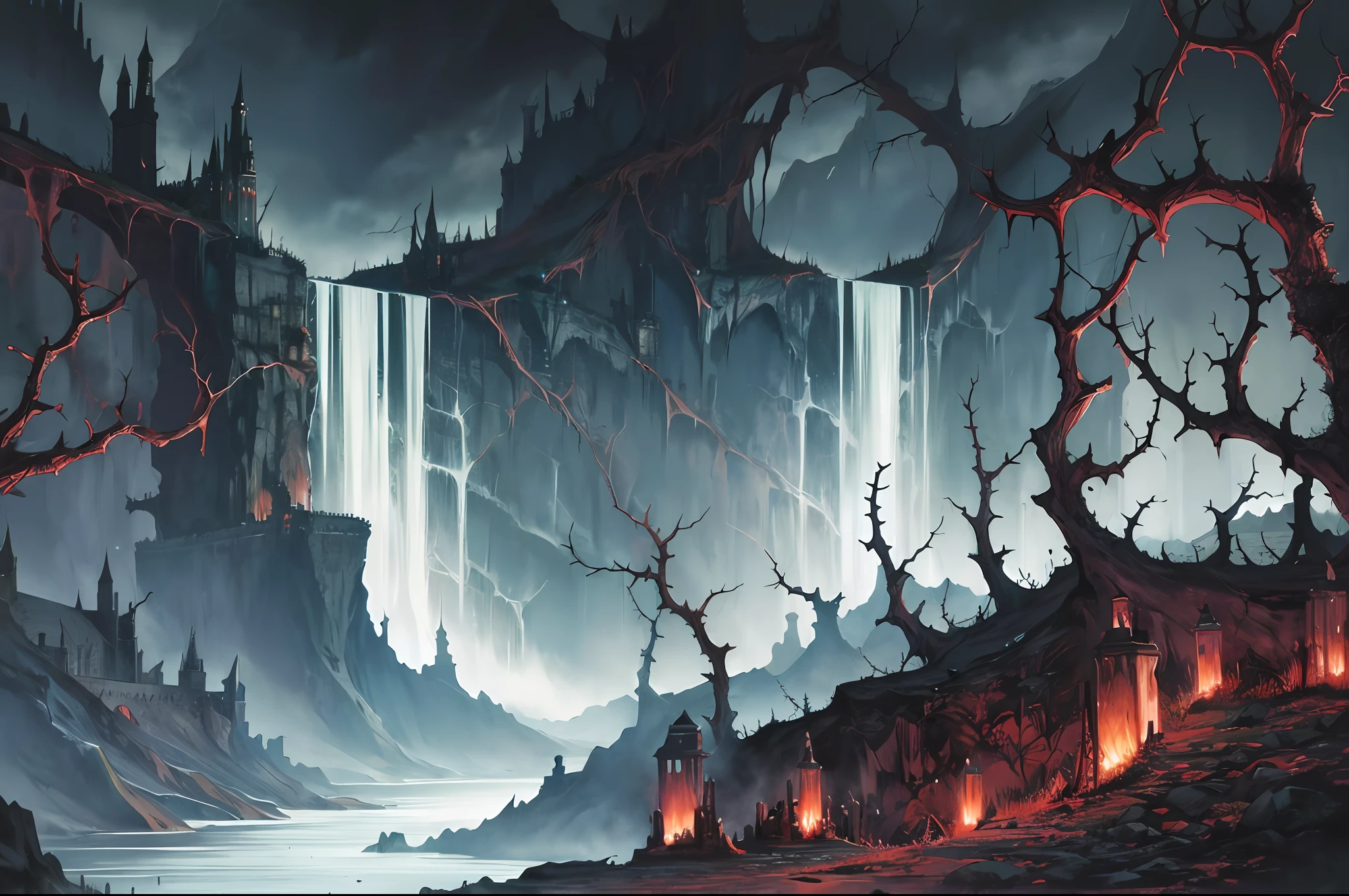 dimension of biomechanical madness, in the background a valley full of morbid fortress and thorns and lake polluted with morbid waterfall, dramatic overcast sky, dark color, art of terror, illustration, hyper detailed, Vincent Locke.