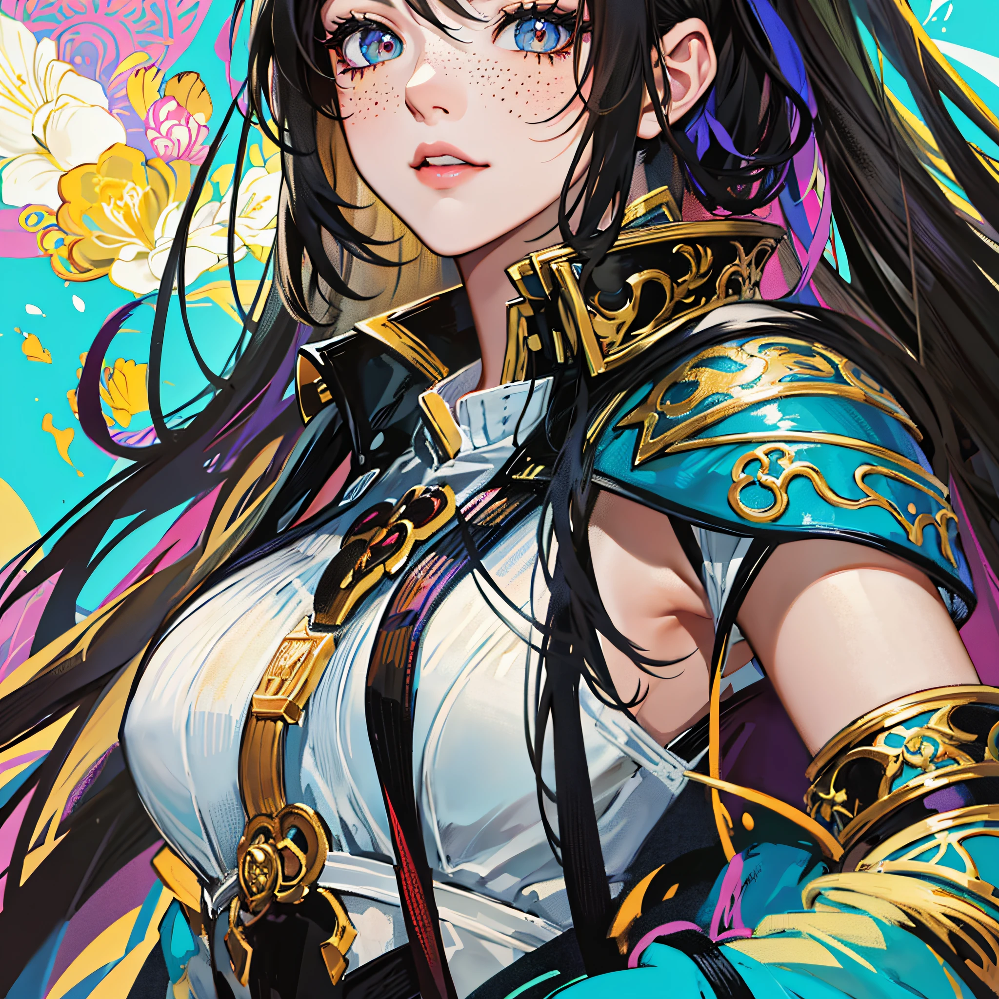 Masterpiece, best quality, {best quality}, {{masterpiece}}, {highres}, focus, anime style, a closeup of a cartoon of a woman, girl design, portrait, giesha, anime image, long hair, black hair, heterochrome eyes, hair covering ears, polished and powerful look, exotic, tall, freckles, cheerful, gothic clothing --auto --s2