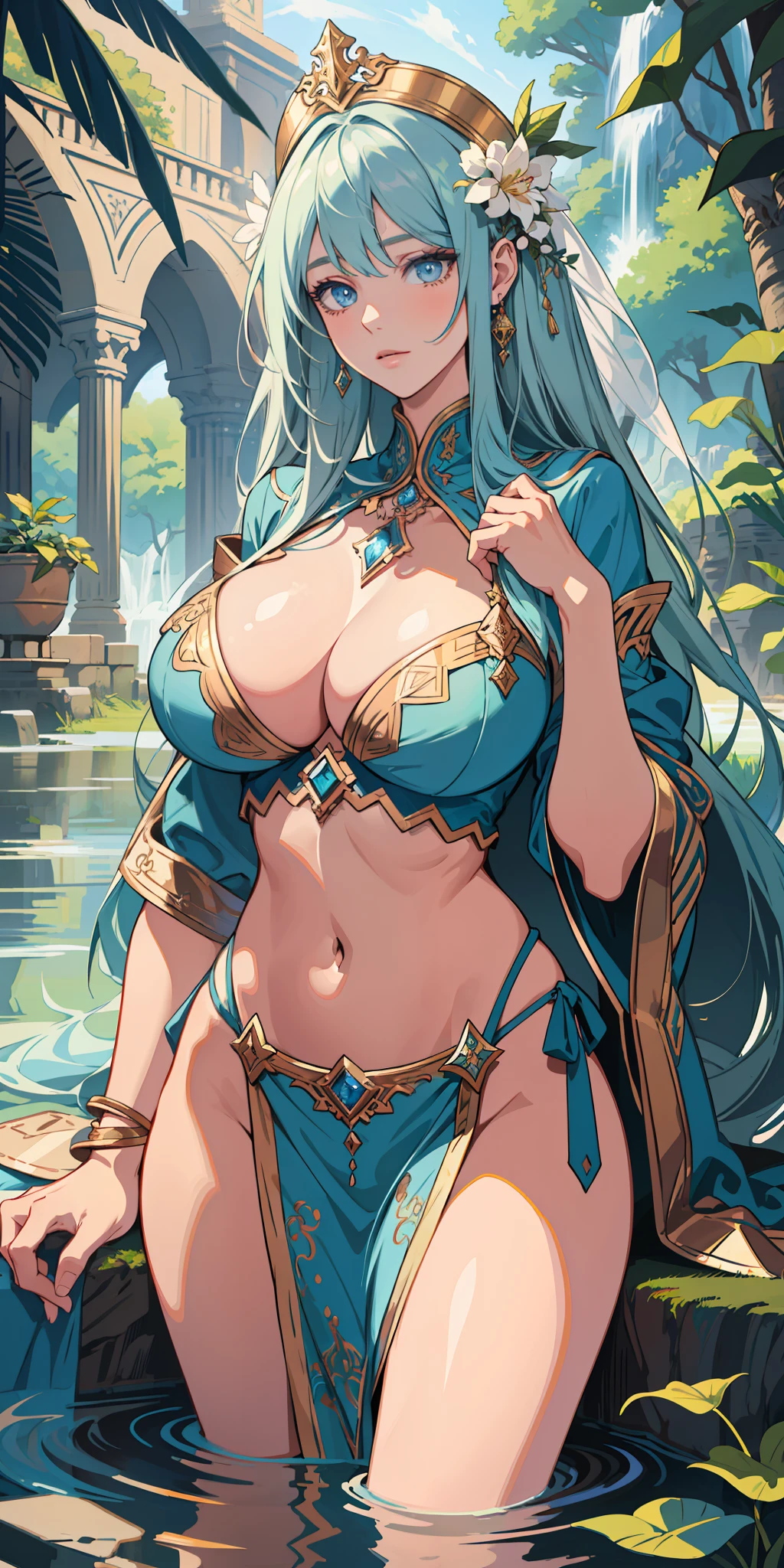 (masterpiece, finely detailed beautiful eyes: 1.2), ultra-detailed, illustration, 1girl, huge breasts, goddess of water, arabian, detailed background