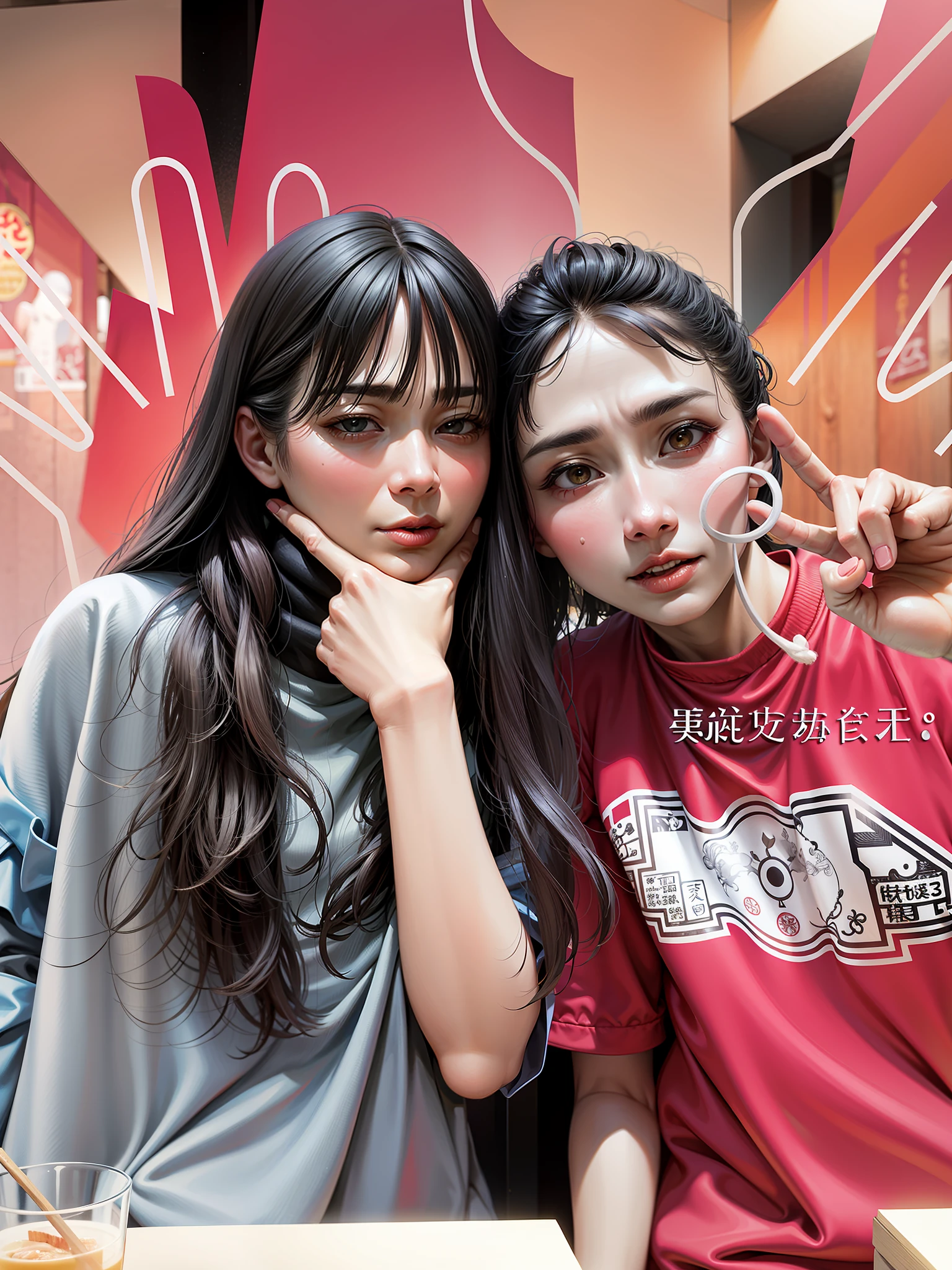 there are two women posing for a picture in a restaurant, ruan jia and fenghua zhong, ๐ญ ๐คฎ ๐ ๐, zmonzheng, uwu, ๐ฟ๐๐, ๐คฌ ๐คฎ ๐ ๐, kanliu666, xianxia, ๐
๐
, ๐๐คก, trending at cgstation