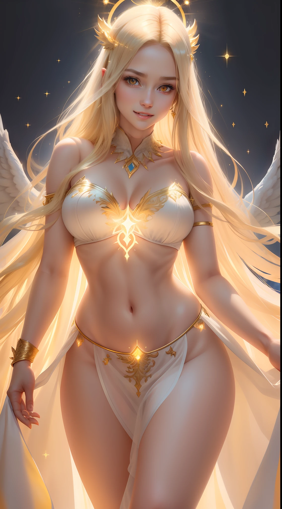 Beautiful woman with a perfect face, perfect body figures, realistic facial expression, long blonde straight hair, light yellow eyes, fair skin, wearing a white tunic with intricate decorations, exposed belly, exposed thighs, angel, furry wings, confident expression (dynamic Angle, dazzling yellow eyes, delicate necklace, charming smile), (holy radiation background, holy sparklings, glowing particles, holy fog, faint darkness), high saturation, movie light, edge light, best shadow, best lighting