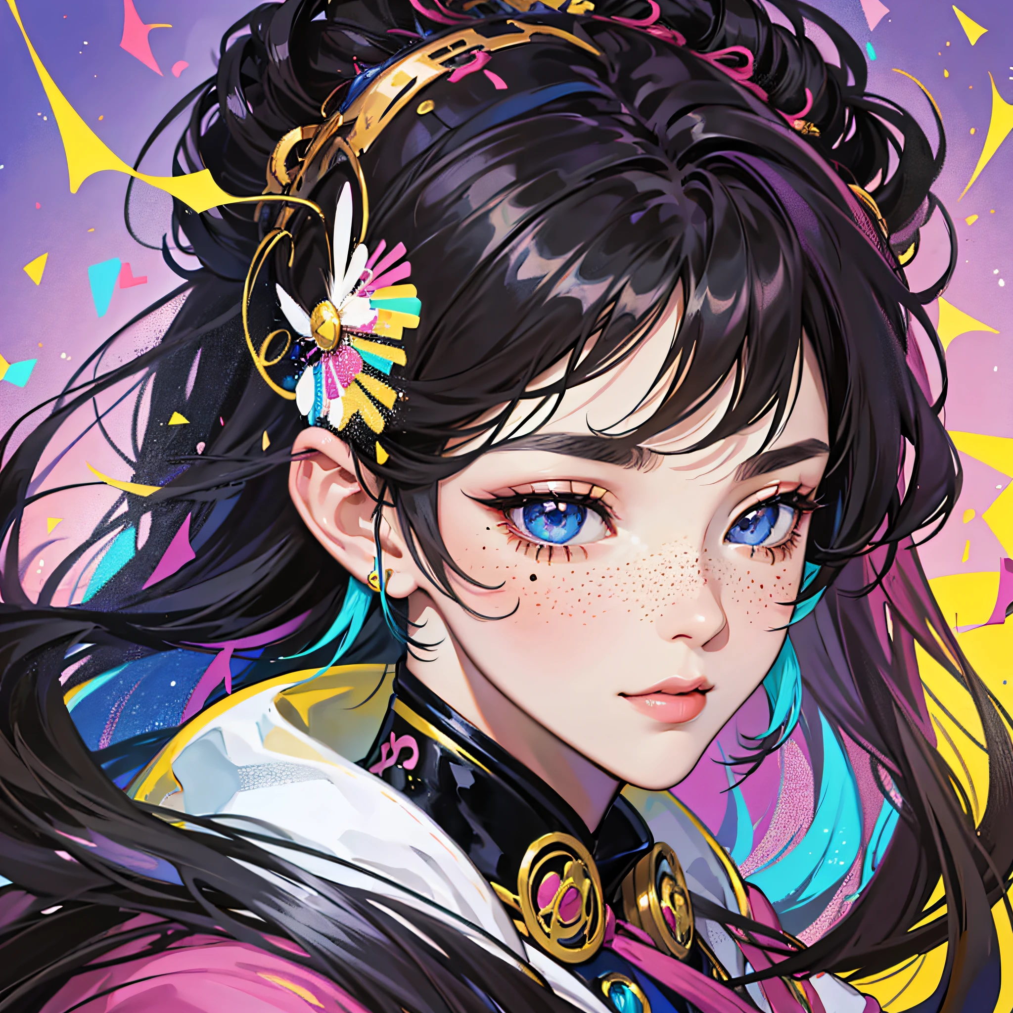 masterpiece, best quality, {best quality}, {{masterpiece}}, {highres}, focus, anime style, a closeup of a cartoon of a woman, girl design, portrait, giesha, anime image, long hair, black hair, straight eyes, hair covering ears, polished and powerful look, exotic, tall, freckles, cheerful, glam clothing, colorful, colors --auto --s2