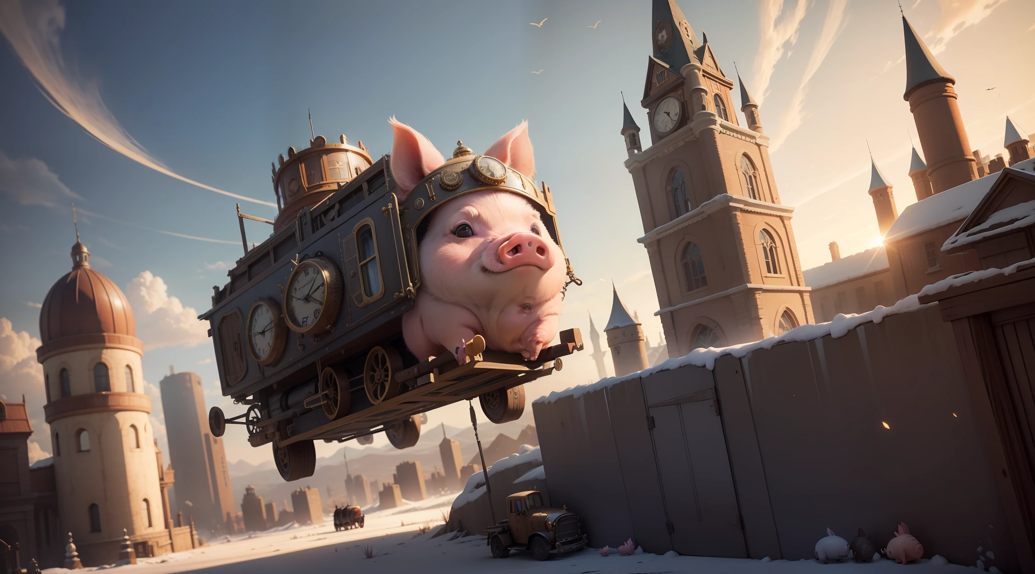 /Imagination Tips: Illustration Many pigs flying in the air, pigs in steampunk costumes, steampunk pigs: : 15, 10 pigs, flying pigs: :18, pig army: :12, symmetrical composition: : 5, top view: :12, Unreal Engine: :14, cinematic light: :10, volumetric light: :10, dramatic: :8, fantasy: :7, super mass: :8, barren city buildings: :13, steampunk: 15 --seed 4294967 --s 400 --q 2 --c 5. Add more pigs to the picture
