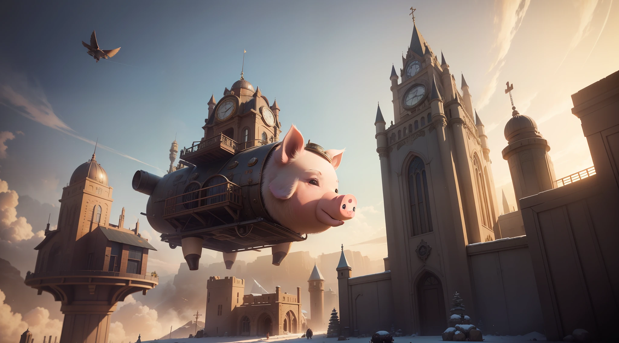 /Imagination Tips: Illustration Many pigs flying in the air, pigs in steampunk costumes, steampunk pigs: : 15, 10 pigs, flying pigs: :18, pig army: :12, symmetrical composition: : 5, top view: :12, Unreal Engine: :14, cinematic light: :10, volumetric light: :10, dramatic: :8, fantasy: :7, super mass: :8, barren city buildings: :13, steampunk: 15 --seed 4294967 --s 400 --q 2 --c 5. Add more pigs to the picture