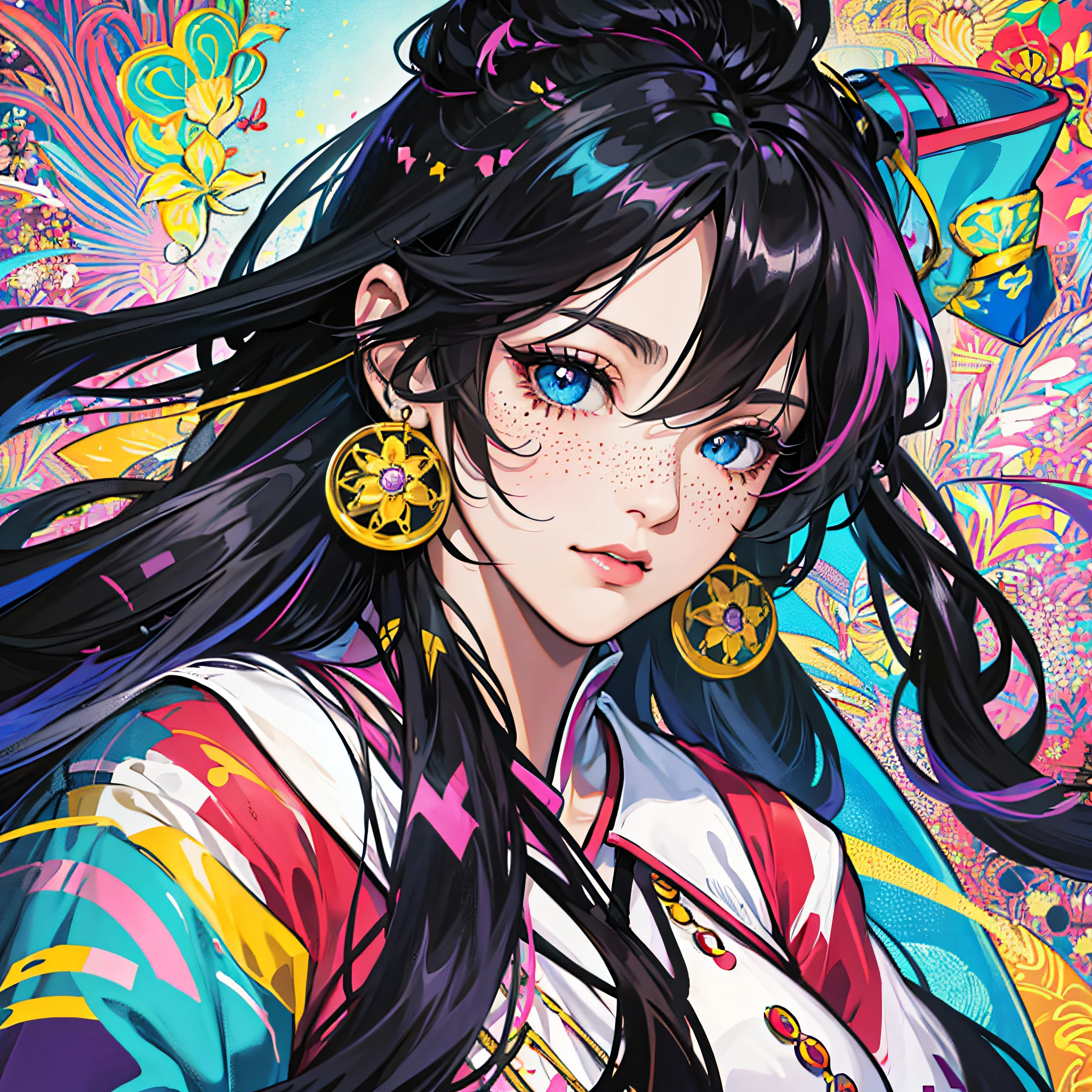 masterpiece, best quality, {best quality}, {{masterpiece}}, {highres}, focus, anime style, a closeup of a cartoon of a woman, girl design, portrait, giesha, anime image, long hair, black hair, straight eyes, hair covering ears, polished and powerful look, exotic, tall, freckles, cheerful, retro clothing, colorful, colors --auto --s2