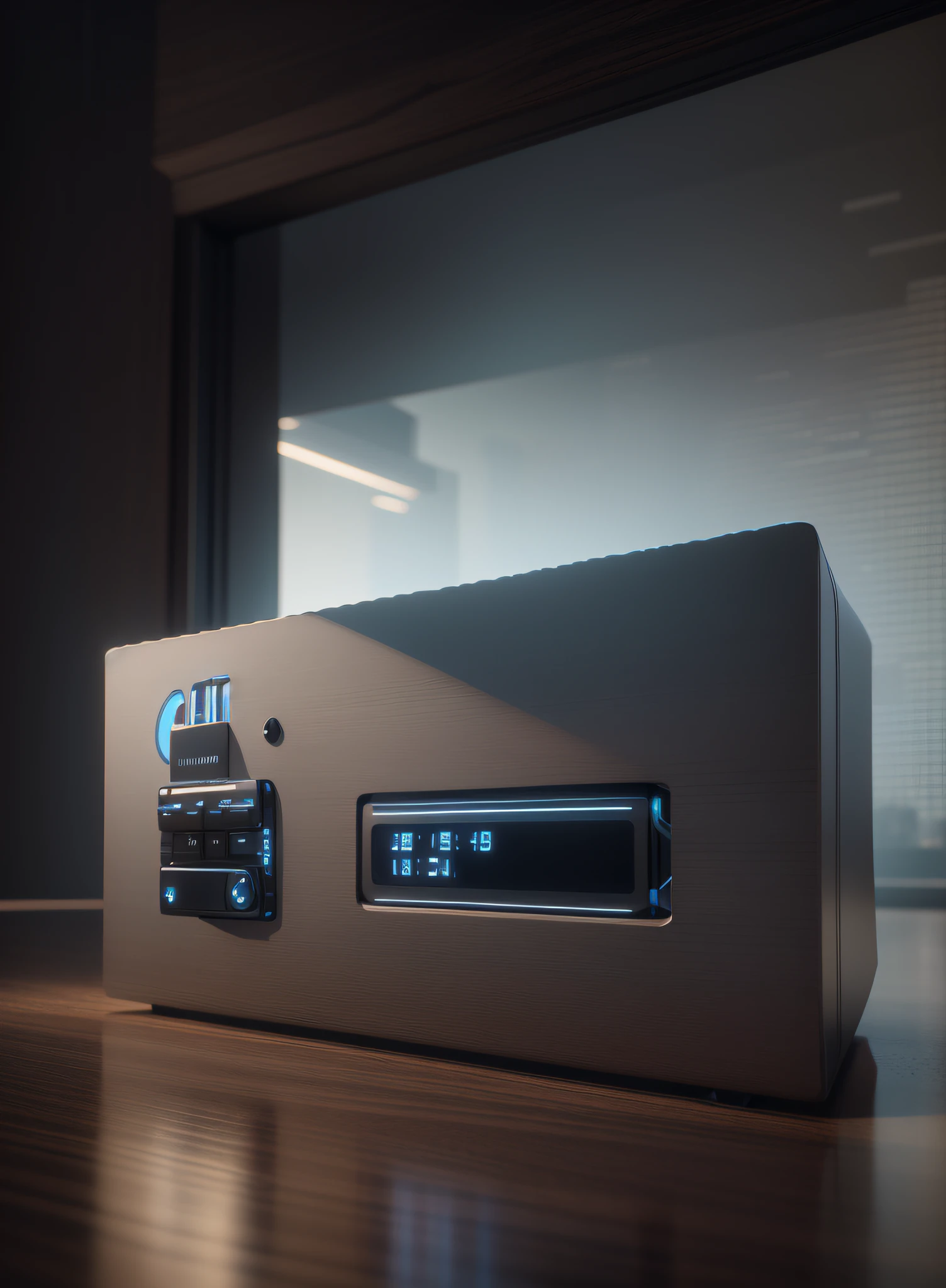 A product image of an intelligent voice alarm clock, does not change the appearance of the product, does not change the numbers, masterpiece, best quality, (very detailed CG Unity 8K wallpaper), (best illustration), (best shadow), (theme with urban elements) (urban background), ray tracing, octane rendering, comic book style, lighting from front to back --auto --s2