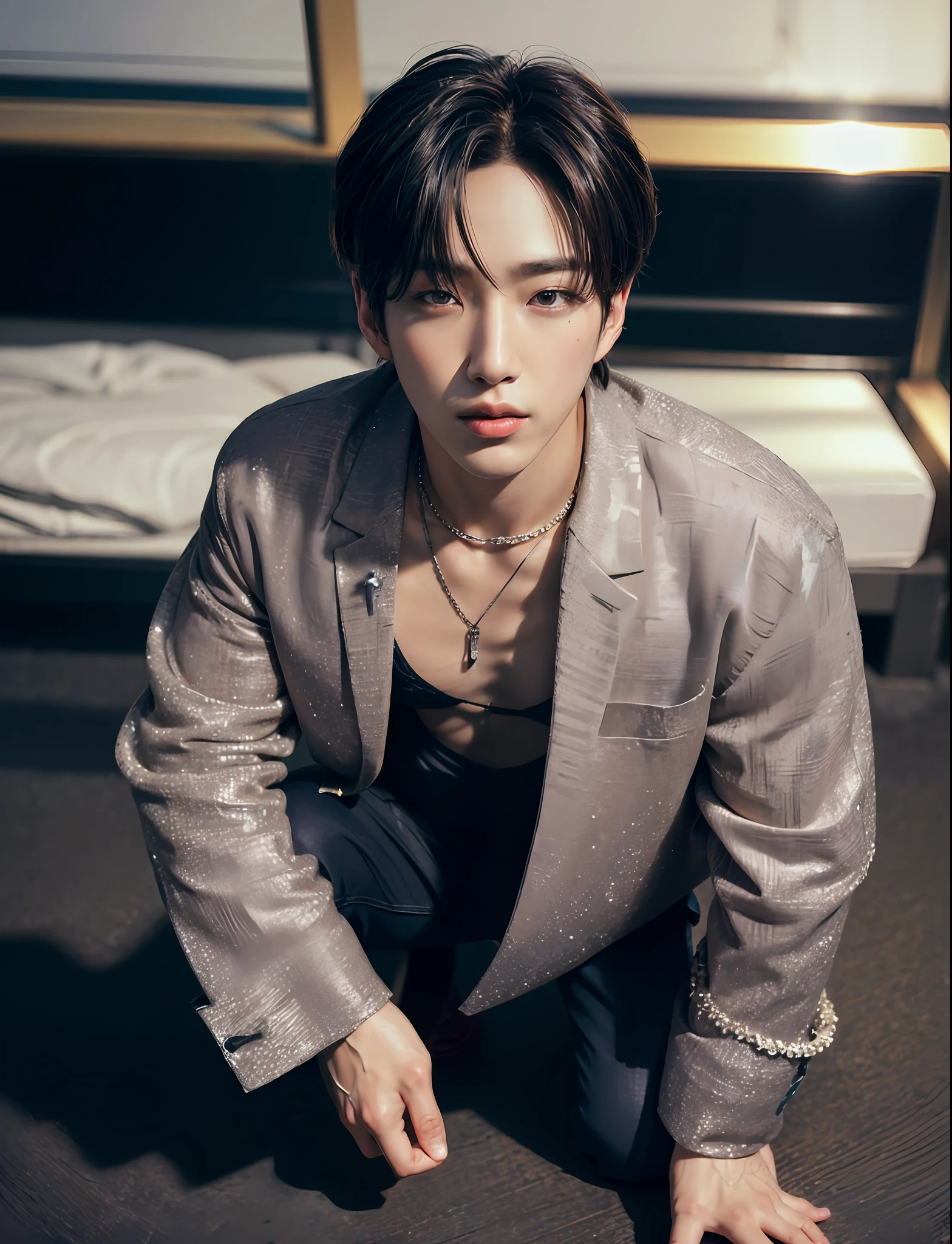 Solo, male focus, (masterpiece, ultra quality, high resolution, 8k, intricate: 1.2), (detailed face:1.2), handsome, Young Korean man , , detailed skin, 1boy, ((realistic)), (Crawling on All Fours, Kneeling),