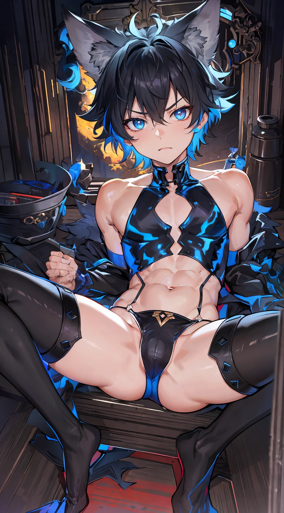 1boy, closeup crotch shot, sexy spread legs, bare chest, hands behind back, toned, sharp wolf ears, wolf tail, messy hair, blue eyes, HD, masterpiece, vibrant, serious expression, thigh highs, black micro thong, bulge, bare chest,