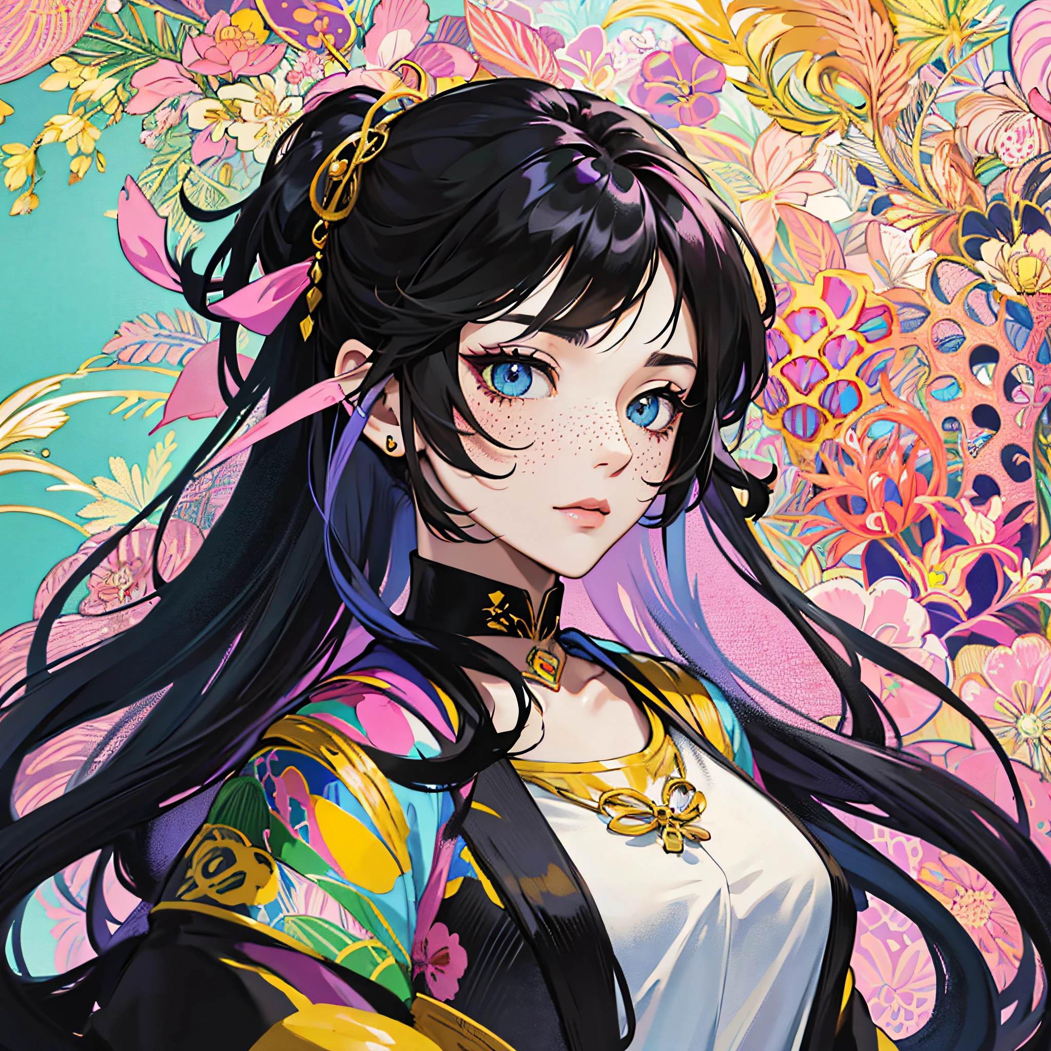 masterpiece, best quality, {best quality}, {{masterpiece}}, {highres}, focus, anime style, a closeup of a cartoon of a woman, girl design, portrait, giesha, anime image, long hair, black hair, straight eyes, hair covering ears, polished and powerful look, exotic, tall, freckles, cheerful, casual chic, colorful, colors --auto --s2