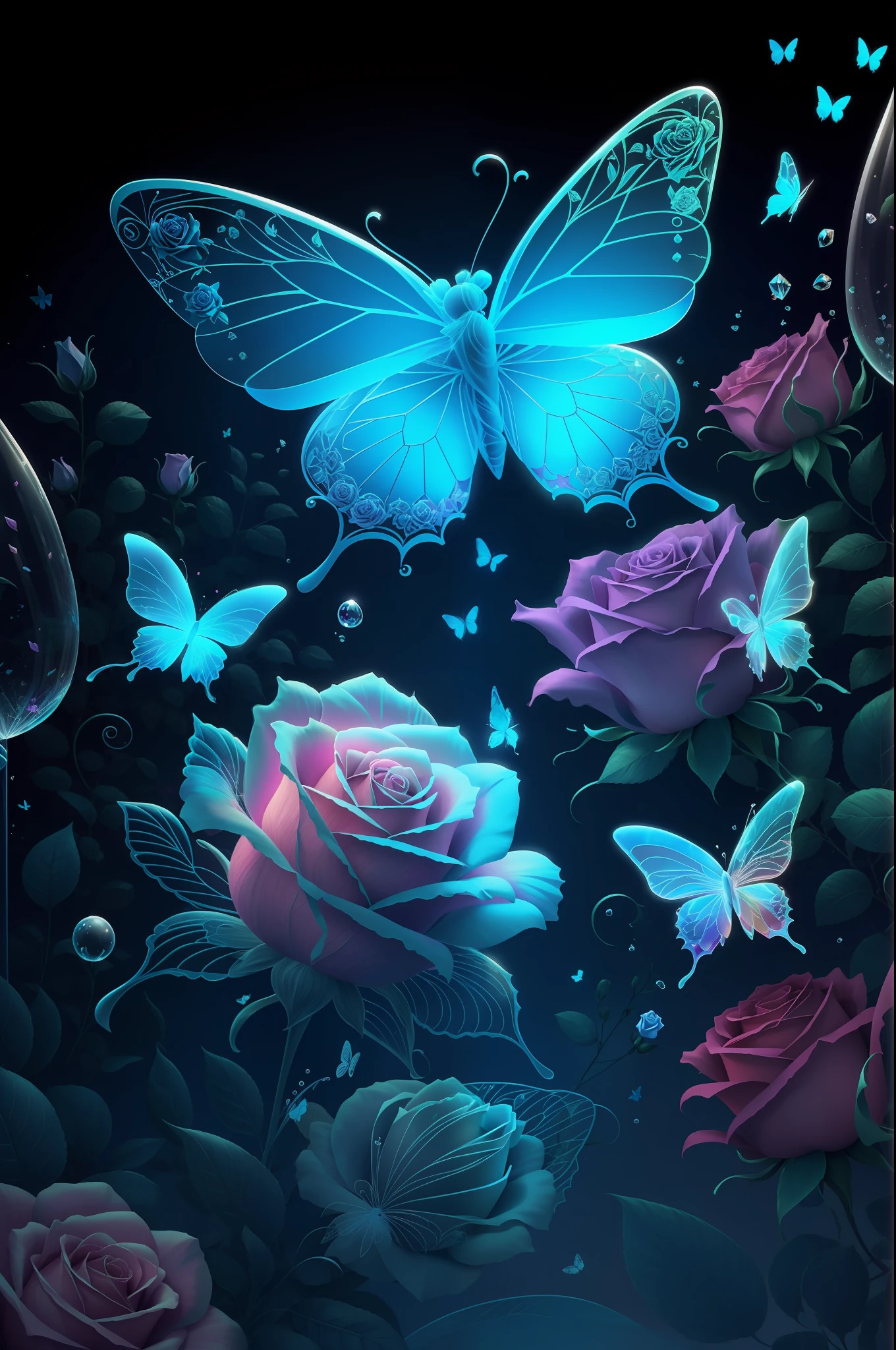 a beautiful 3d spectral crystal flower, soft fairy mist rose, transparent petals, colorful butterflies flying around the rose,