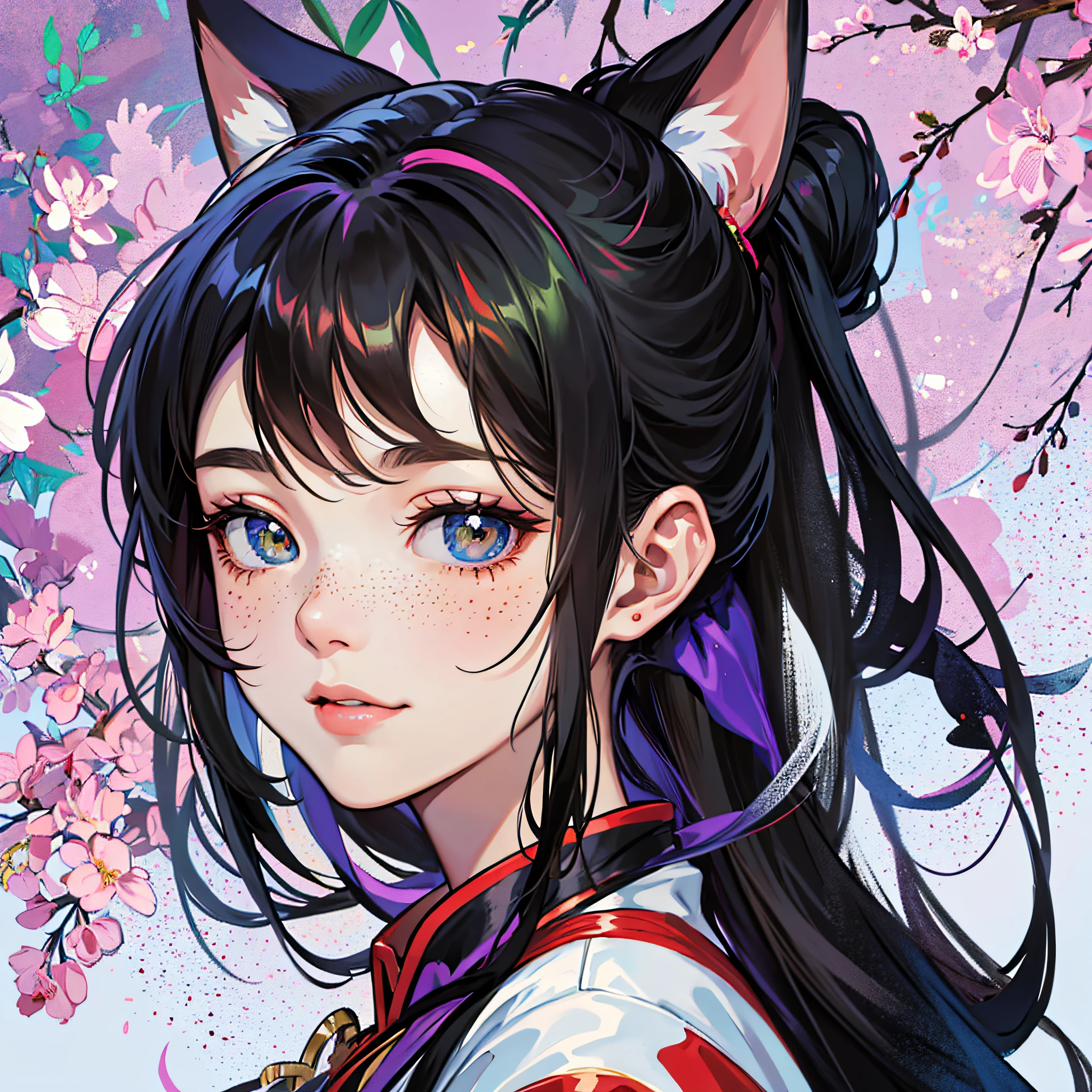 masterpiece, best quality, {best quality}, {{masterpiece}}, {highres}, focus, anime style, a closeup of a cartoon of a woman, girl design, portrait, giesha, anime image, long hair, black hair, straight eyes, hair covering ears, polished and powerful look, exotic, tall, freckles, cheerful, classic clothing, colorful, colors --auto --s2