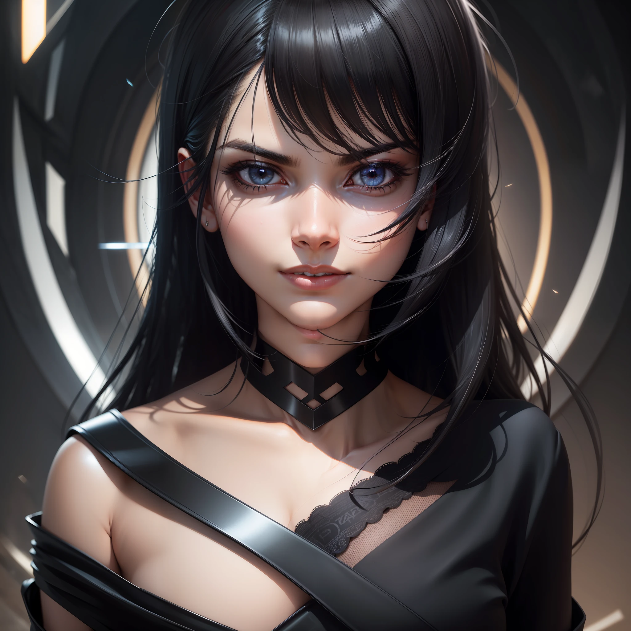 black hair, asymmetrical hair, bangs, longeyelashes, furrowed brow, smile, Surrealism, cinematic lighting, depth of field, three sided view, high quality, best quality, 8k, UHD