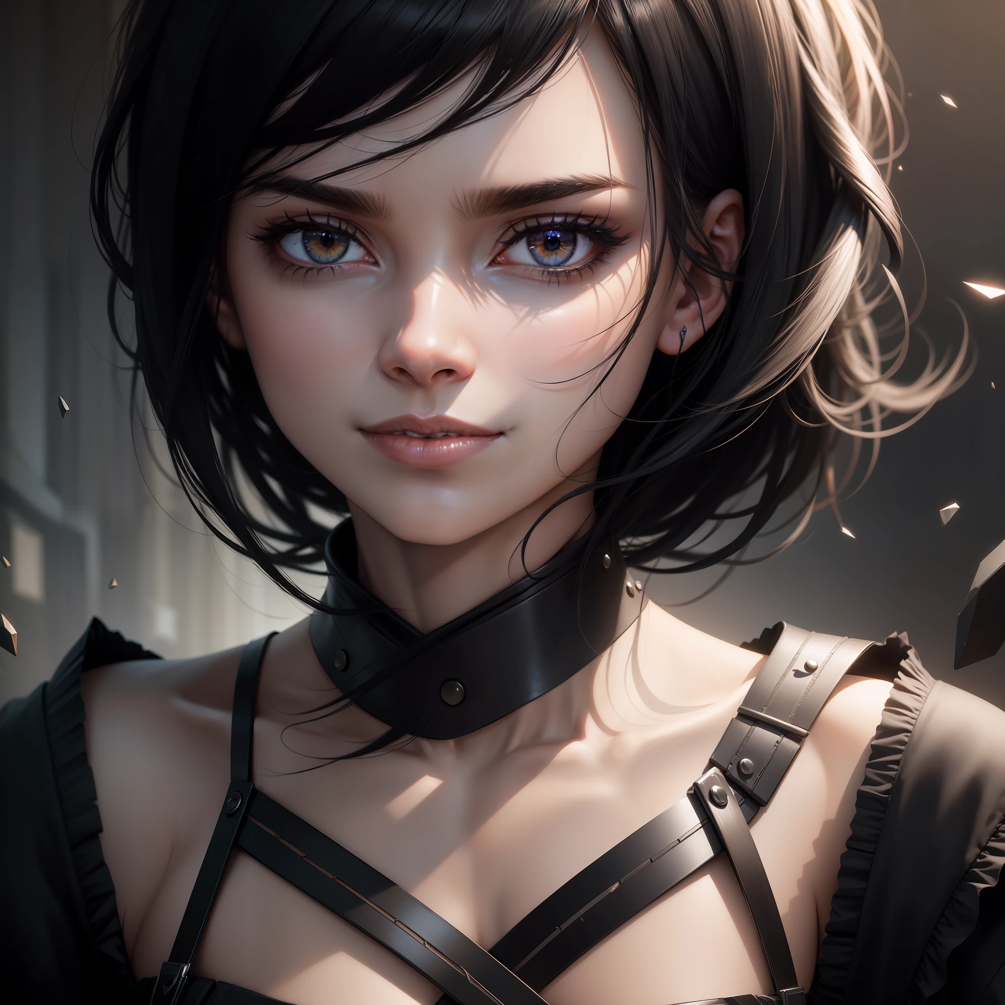 black hair, asymmetrical hair, bangs, longeyelashes, furrowed brow, smile, Surrealism, cinematic lighting, depth of field, three sided view, high quality, best quality, 8k, UHD