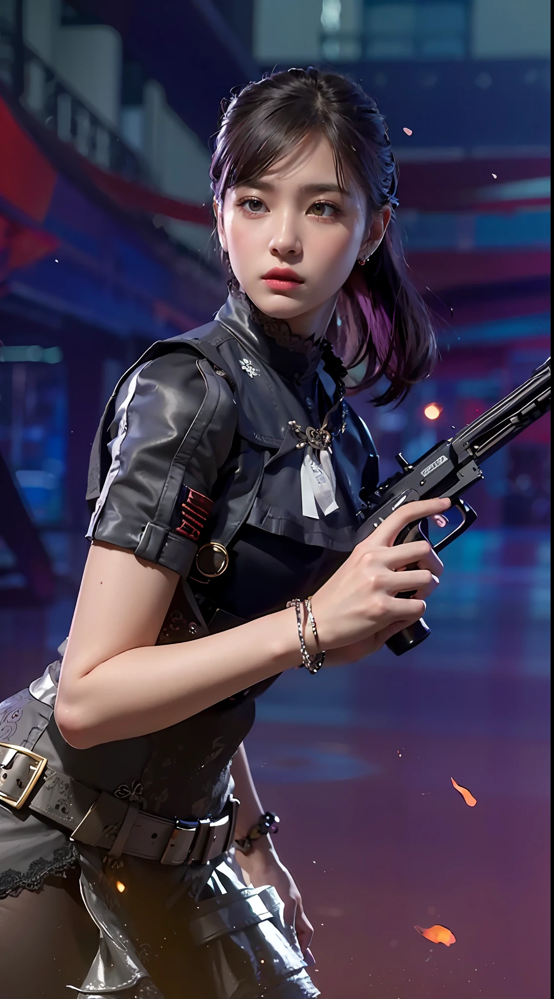 best quality,masterpiece,extremely detailed,high res,4k,ultra high res,detailed shadow,ultra realistic,realistic,dramatic lighting,1girl,solo,detailed face,realistic eyes,realistic skin,white dress,purple hair,dynamic pose, white lace dress