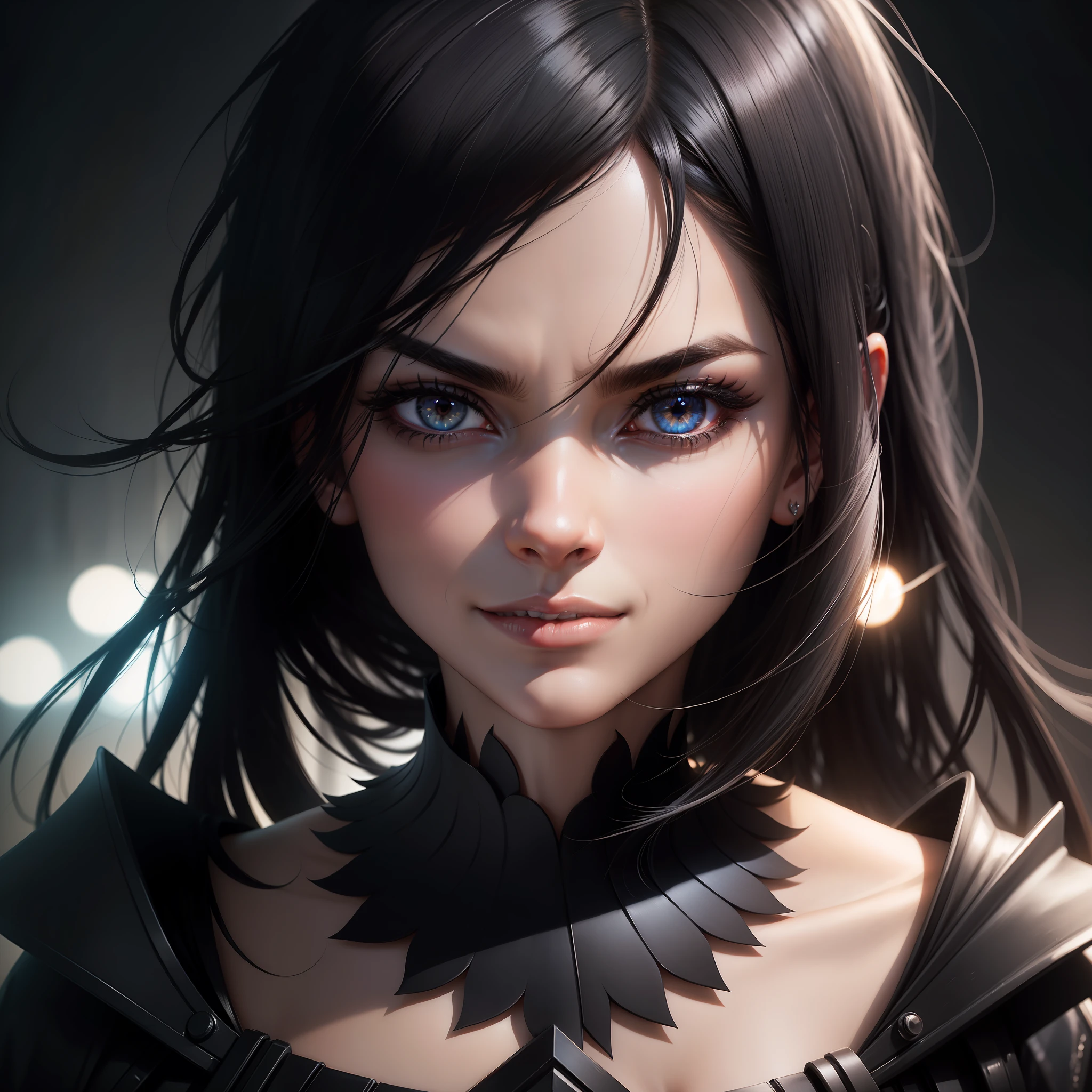 black hair, asymmetrical hair, bangs, longeyelashes, furrowed brow, smile, Surrealism, cinematic lighting, depth of field, three sided view, high quality, best quality, 8k, UHD