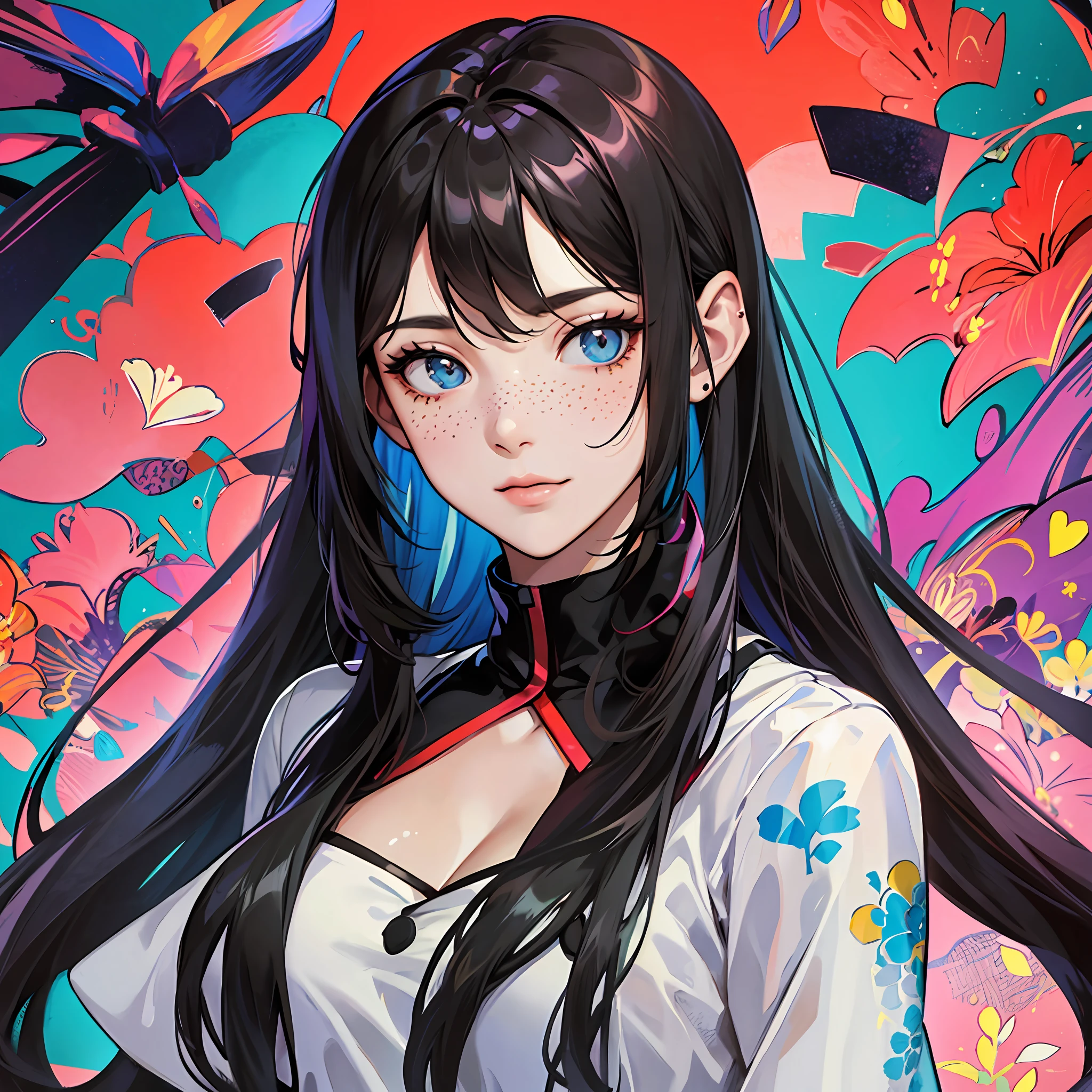 masterpiece, best quality, {best quality}, {{masterpiece}}, {highres}, focus, anime style, a closeup of a cartoon of a woman, girl design, portrait, giesha, anime image, long hair, black hair, straight eyes, hair covering ears, polished and powerful look, exotic, tall, freckles, cheerful, classic clothing, colorful, colors --auto --s2