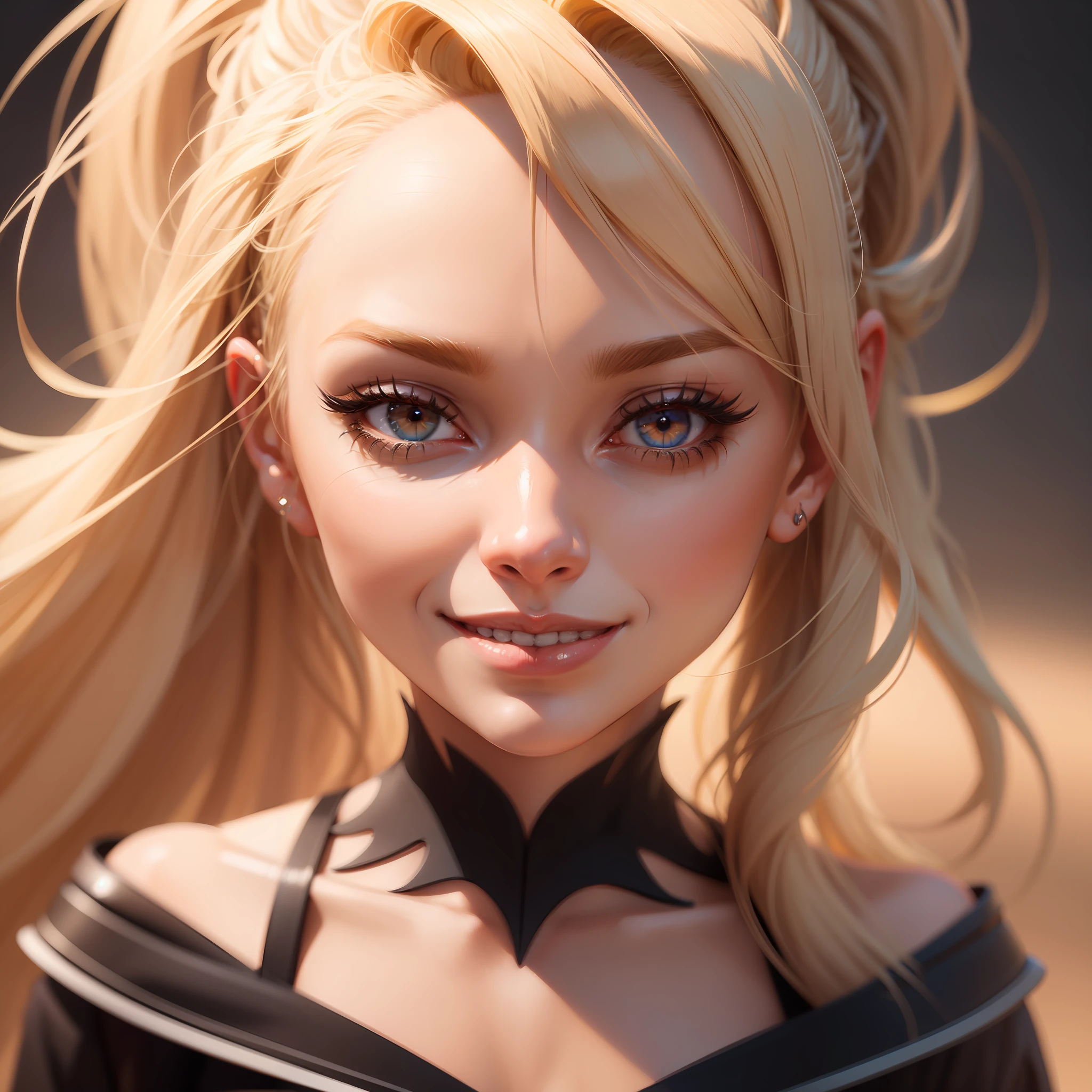a woman, blonde hair, asymmetrical hair, ponytail, long eyelashes, smile, surrealism, cinematic lighting, depth of field, three-sided vision, high quality, best quality, 8k, UHD