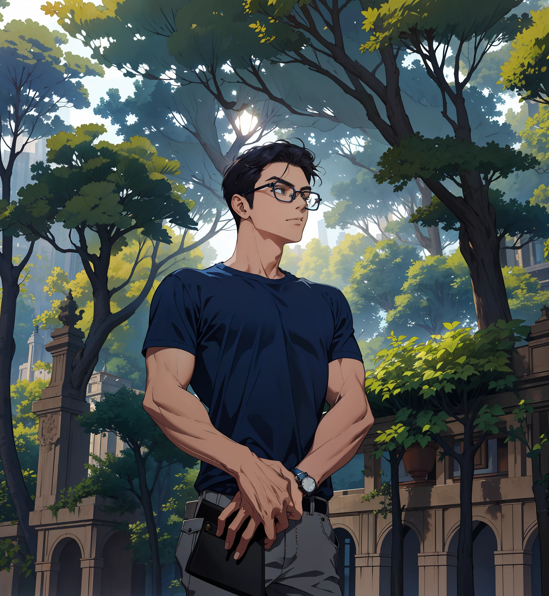 masterpiece, best quality, highres, 1boy, solo, standing, young boy, wearing navy blue t-shirt, detailed face, glasses, detailed eyes, dark eyes, wrist watch, hands in pocket, sigma pose, depth of field, highly detailed, park background