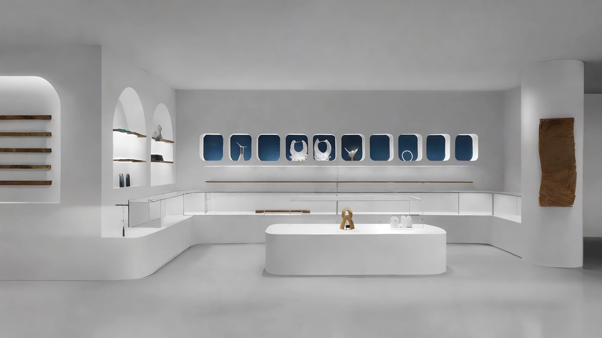 Create a simple and elegant rendering that showcases a silver jewelry store with embedded niches and counters. The decoration adopts ethnic style: 2. Paired with wooden hanging paintings and ropes, emphasizing the treatment of light and shadow to highlight the simple and elegant effect, using lighting to enhance the atmosphere, and using white walls: 2. Add some simple and exquisite decorations, such as plants or small artworks, to add warmth and a circular background., Corona Render, high detail , hyper quality, 8K Resolution