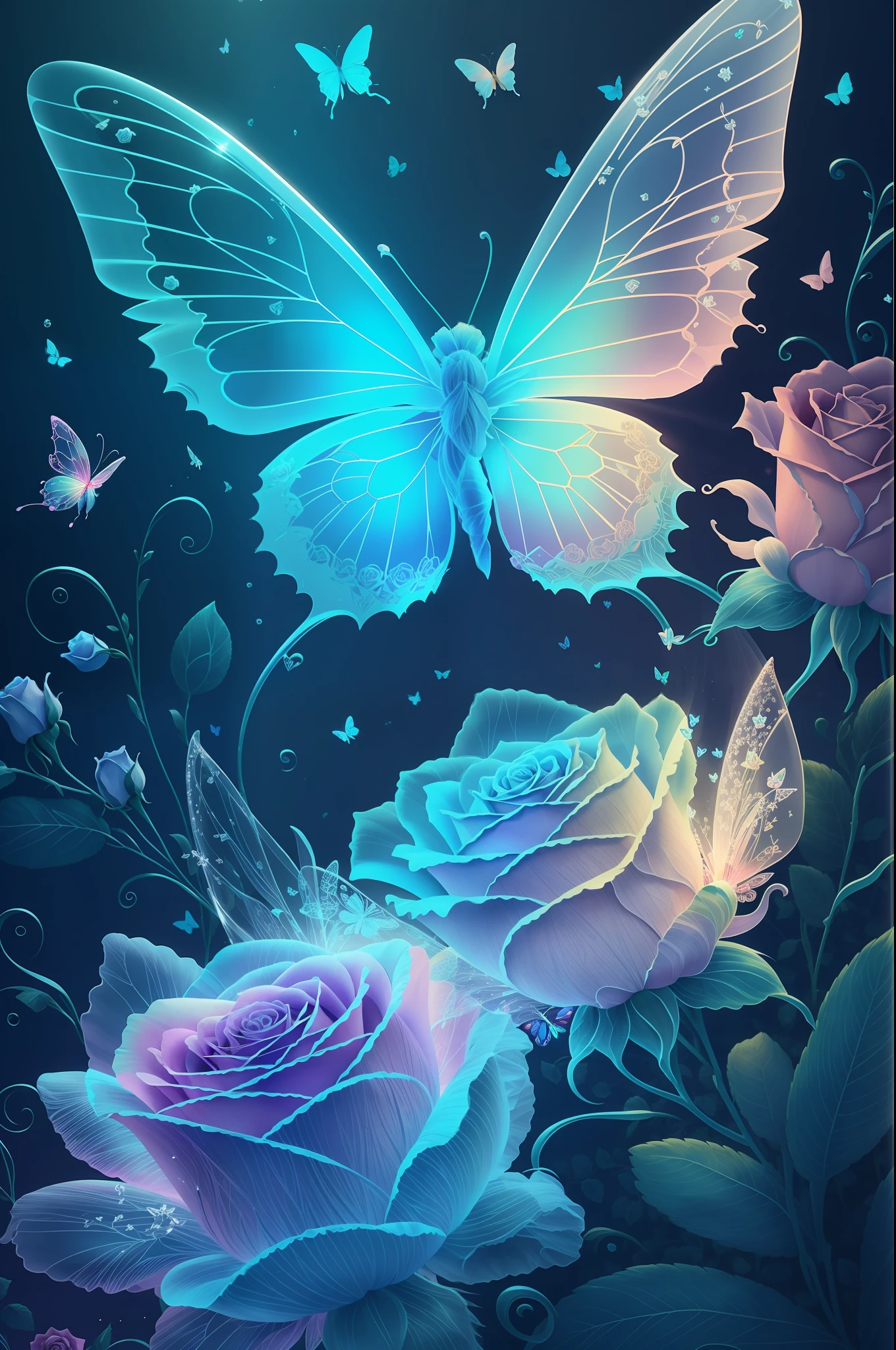 a beautiful 3d spectral crystal flower, soft fairy mist rose, transparent petals, colorful butterflies flying around the rose,