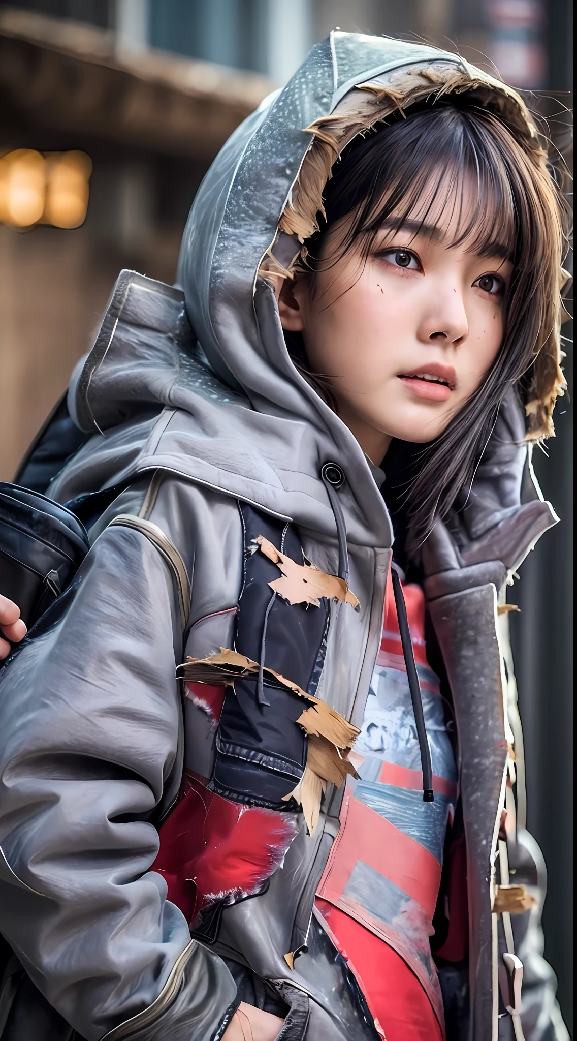 Best picture quality, extreme beautiful girl, 15 years old, masterpiece, ultra high resolution, (fidelity :1.4), photo, 1 girl,[(sadness)], red shirt, Dim, dark, desperate, pitying, pitiful, cinematic,tear,teardrop,(Torn clothes:1.5), real snow, ((night)), ((old gray coat, torn coat:1.5)), ((hold a bag of matches)), ((hand hold a match)), ((torn hoodie))