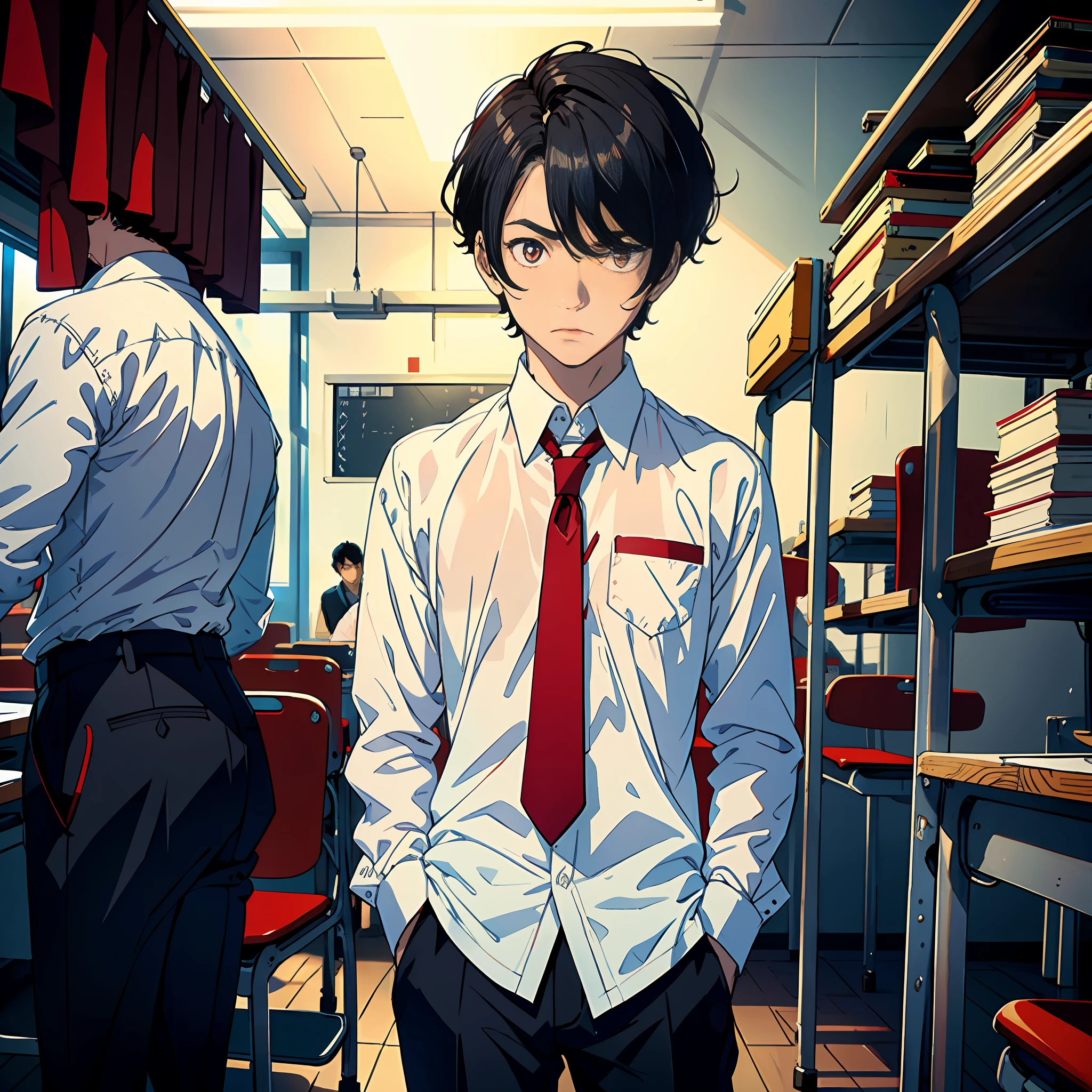 Masterpiece, best quality: 1.2), (1 man: 1.5), black hair, red pupils, white shirt, (puzzled expression: 1.2), standing next to the seat, background is the classroom