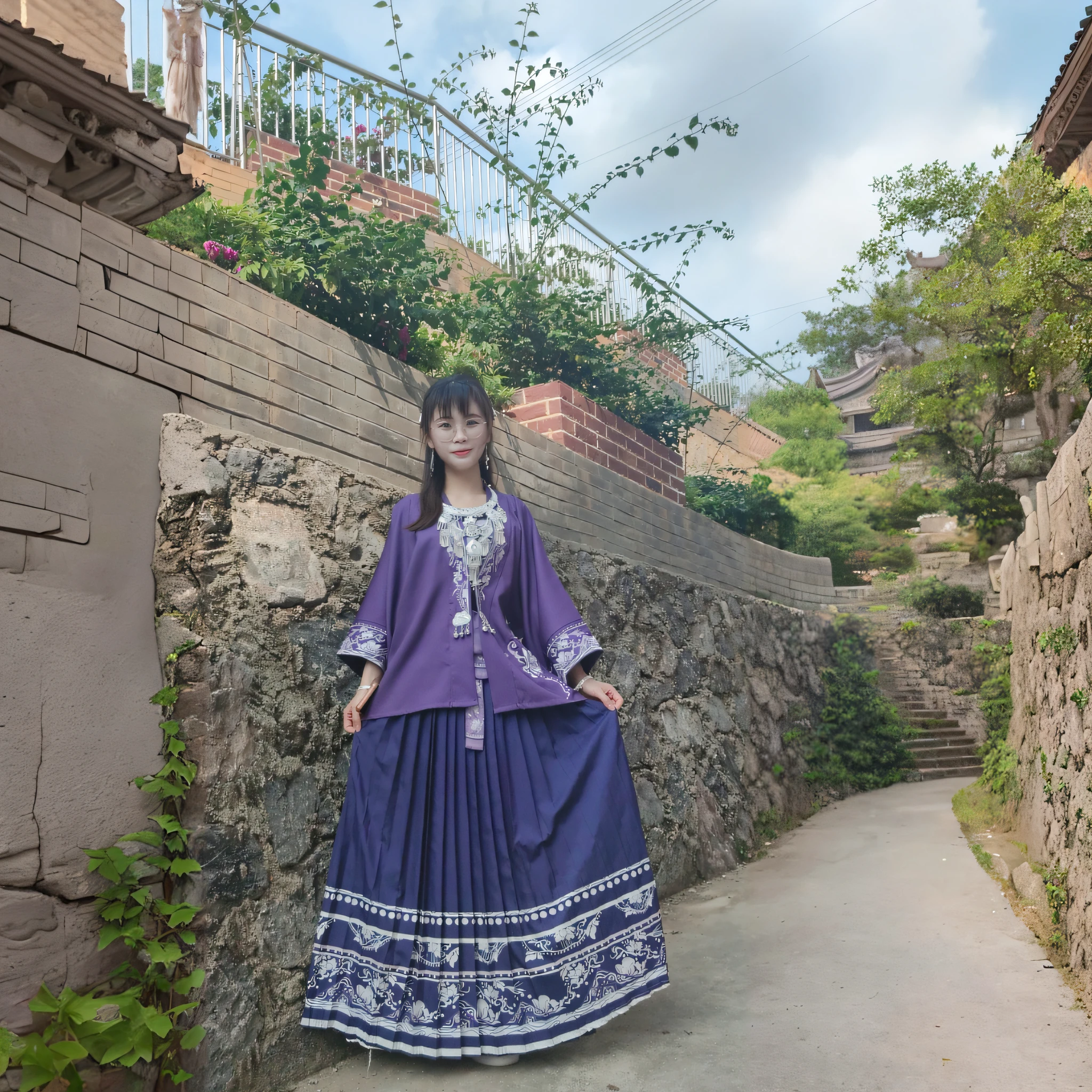 Arafard asian girl in purple dress standing in front of stone wall, Hanfu, wearing ancient Chinese costume, palace, Hanfu girl, traditional Thai costume, traditional Chinese costume, traditional costume, wearing ancient Chinese costume, Chinese costume, Chinese Traditional, traditional costume, Sukhothai costume, Chinese style, full body fairy xia