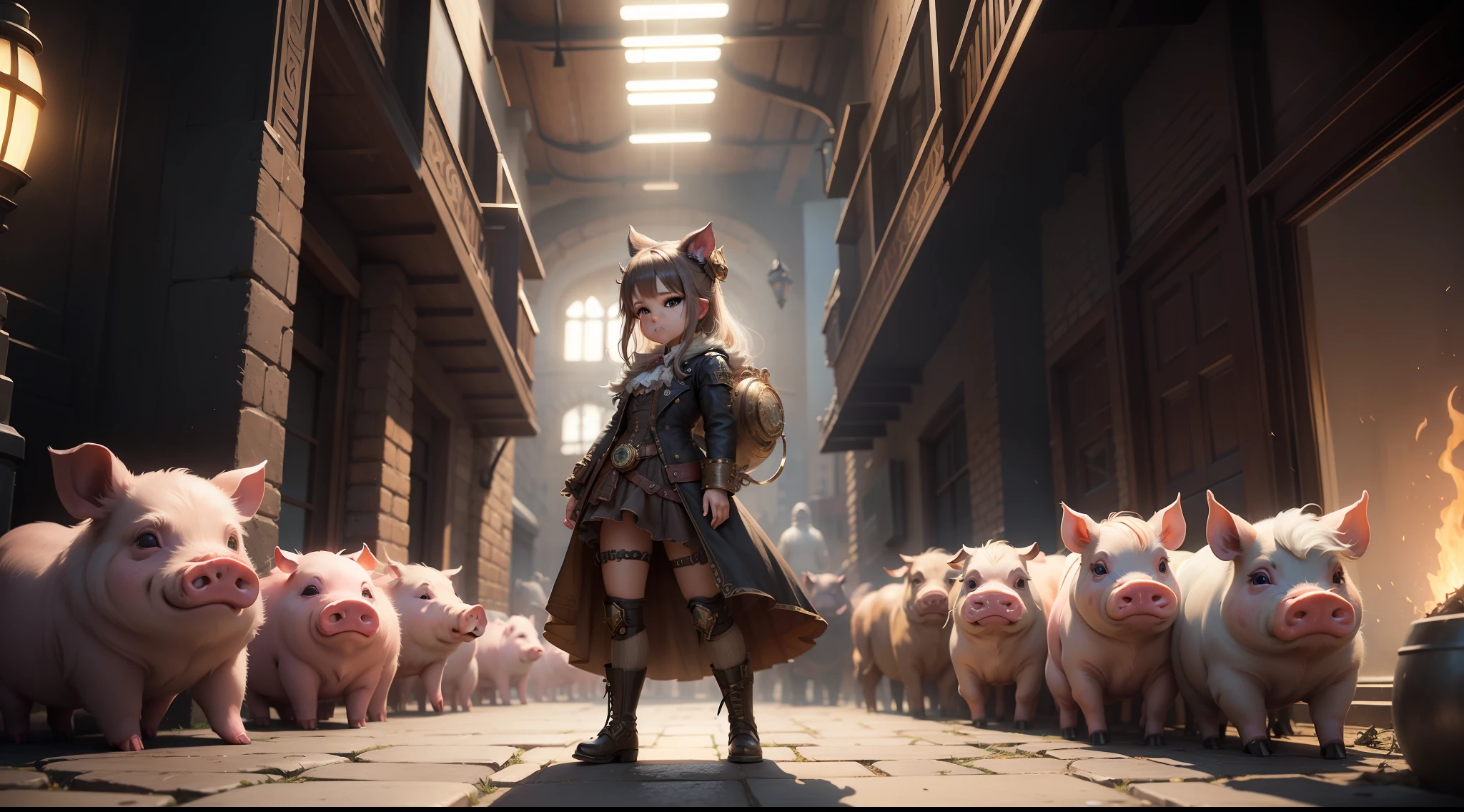 /imagine prompt: illustration of A group of pigs in Steampunk surrounded a beautiful little girl with long pig ears ,Steampunk Pig::15, A group of pigs surrounded the little girl::18, Many, many pigs::12, A beautiful little girl with long pig ears::8, Centered Composition::5, Full Length Shot::12, Unreal Engine::14, Cinematic light::10, Volumetric light::10, Dramatic::8, Fantasy::7, hyper quality::8, deserted city buildings::13, Steampunk::15 --seed 4294967295 --s 400 --q 2 --c 20