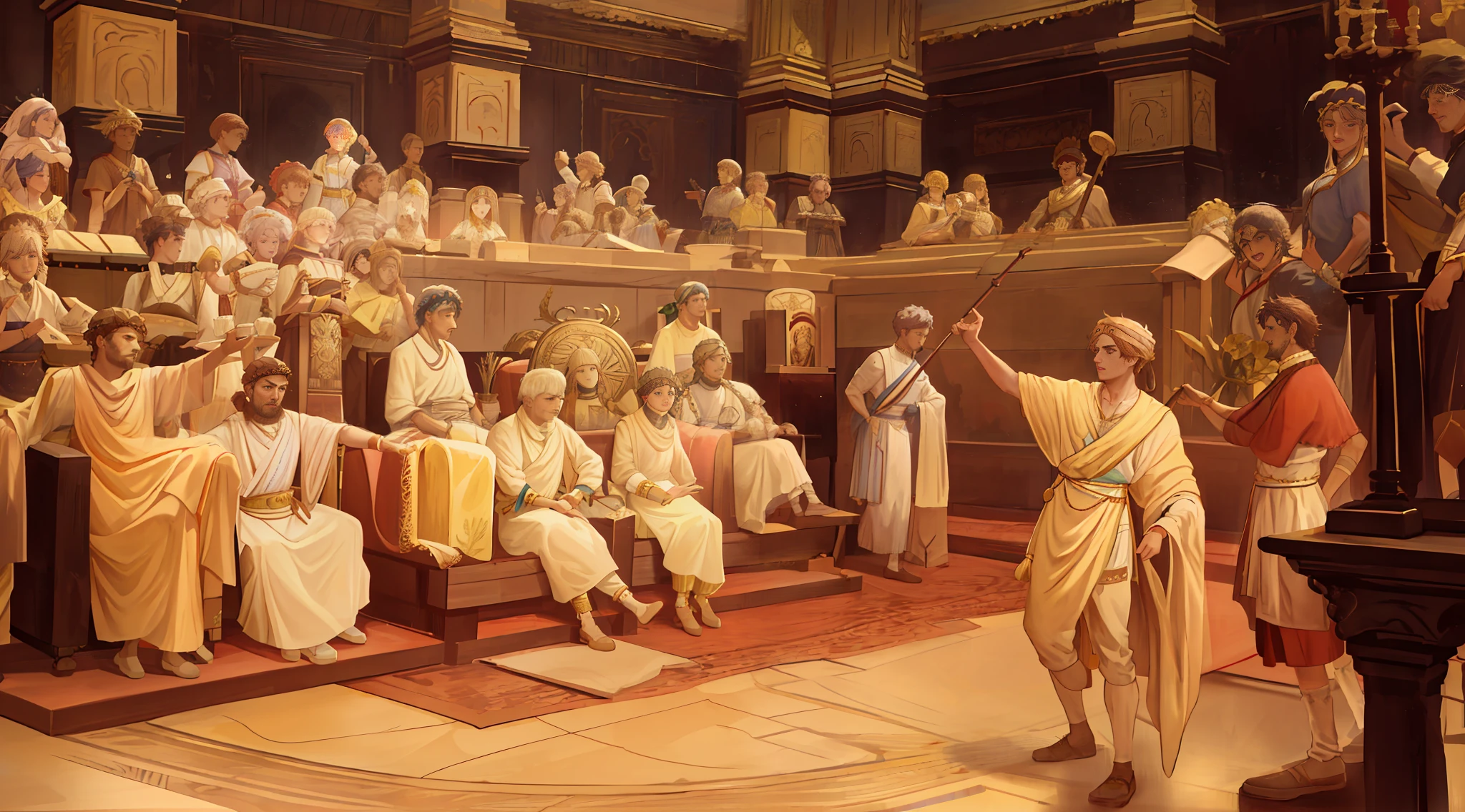 arafed painting of a man standing in front of a crowd of people, by Gustave Boulanger, palatial scene, stoicism, beware the ides of march, john willaim godward, julius caesar, godward, wearing a toga, inspired by Gustave Boulanger, caesar victorious, neoclassicist painting, ledmund leighton