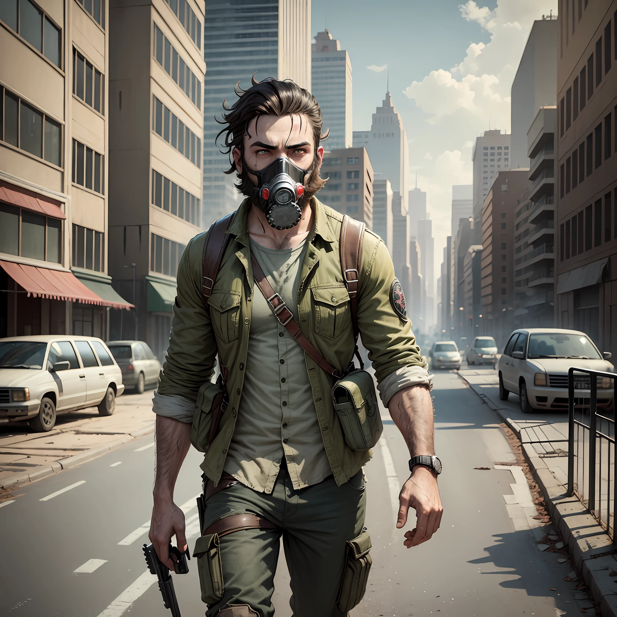 A bearded boy style Walking Dead, in a city in zombie ruins, ultra realistic, with gas mask on his face --auto --s2