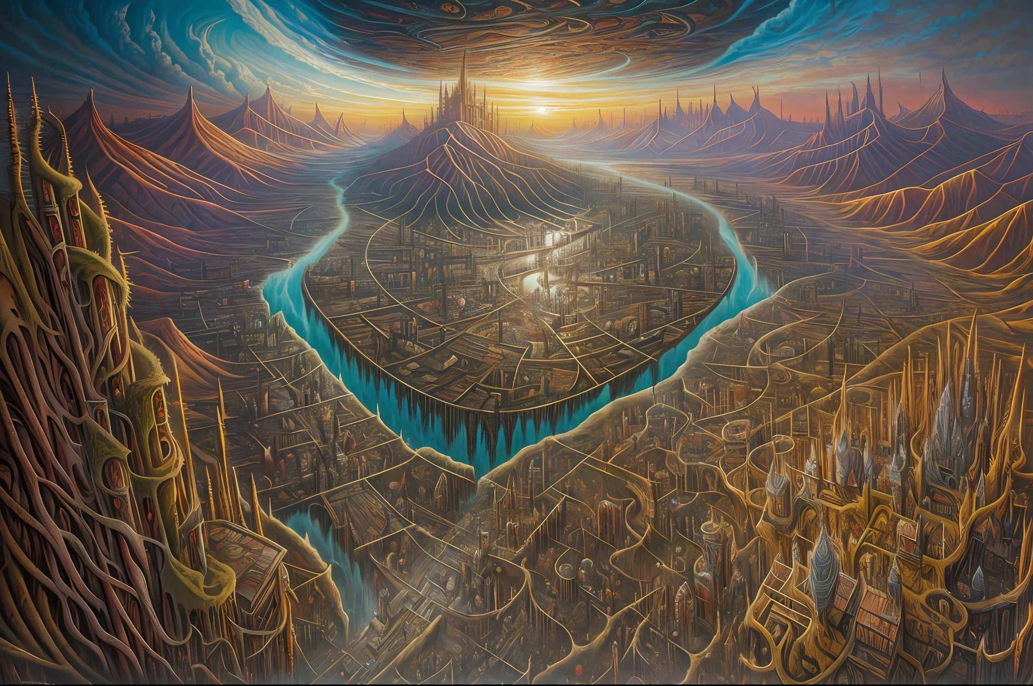 This horror art illustration features a hyper-detailed, mythical landscape viewed from a wide angle top-down perspective. The scene depicts a chaotic urban city surrounded by thorns and a polluted river leading to a morbid waterfall. The sky is filled with polluted madness, adding to the eerie and haunting atmosphere of the piece. The artwork was created through a collaboration between artists Michael Whelan, Dan Seagrave, and Marcos Miller, showcasing their combined skill in the production of surrealistic and horror elements. The intricate details throughout the artwork make it a hyper-detailed and haunting portrayal of a polluted and dystopian world.