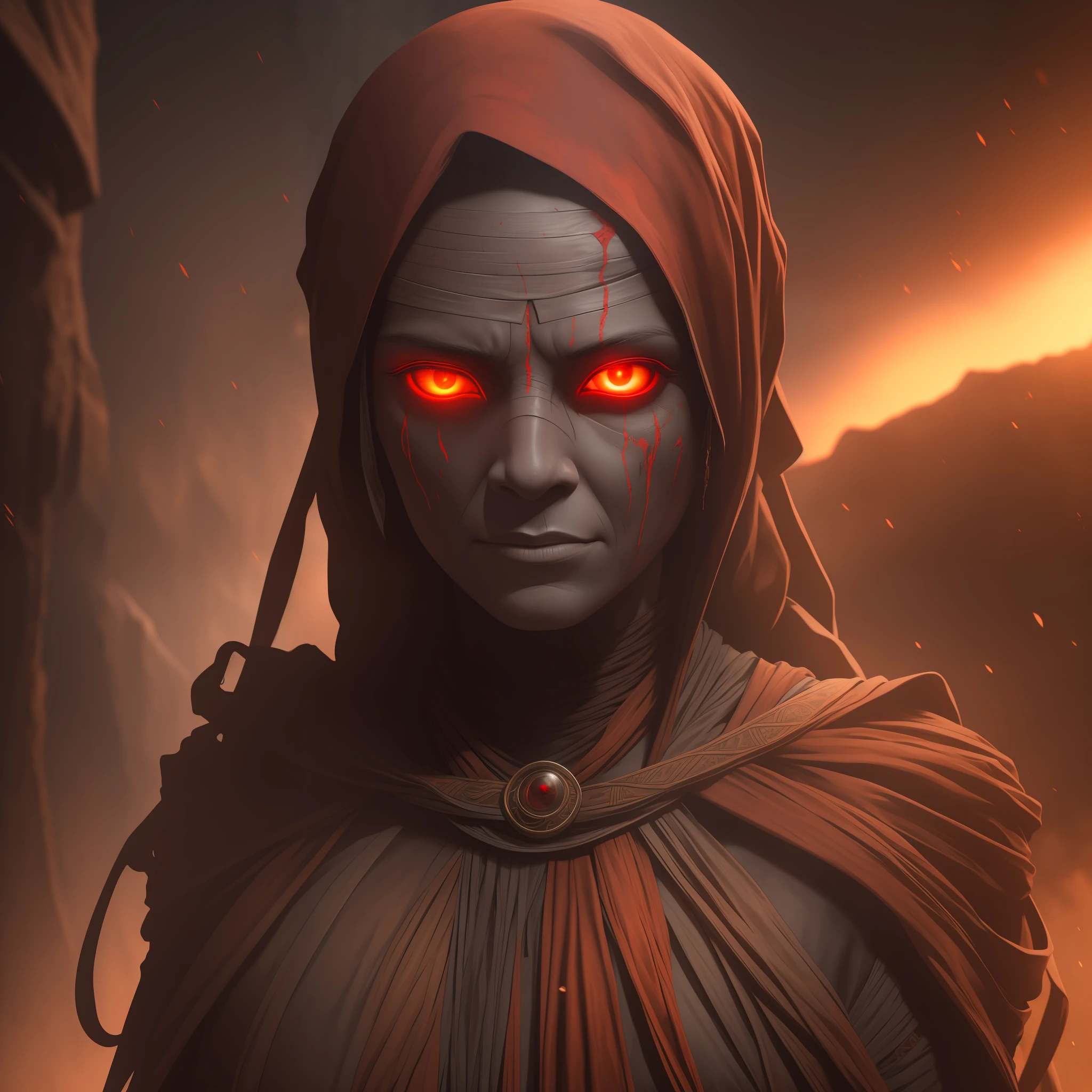 extremely detailed CG unity 8k wallpaper, best quality, ultra-detailed, an extremely intense and atmospheric portrait of a mummy with intricate embalming details, glowing red eyes, tattered wrappings, sand and dust particles, dark and ominous lighting, and a hauntingly beautiful backdrop.