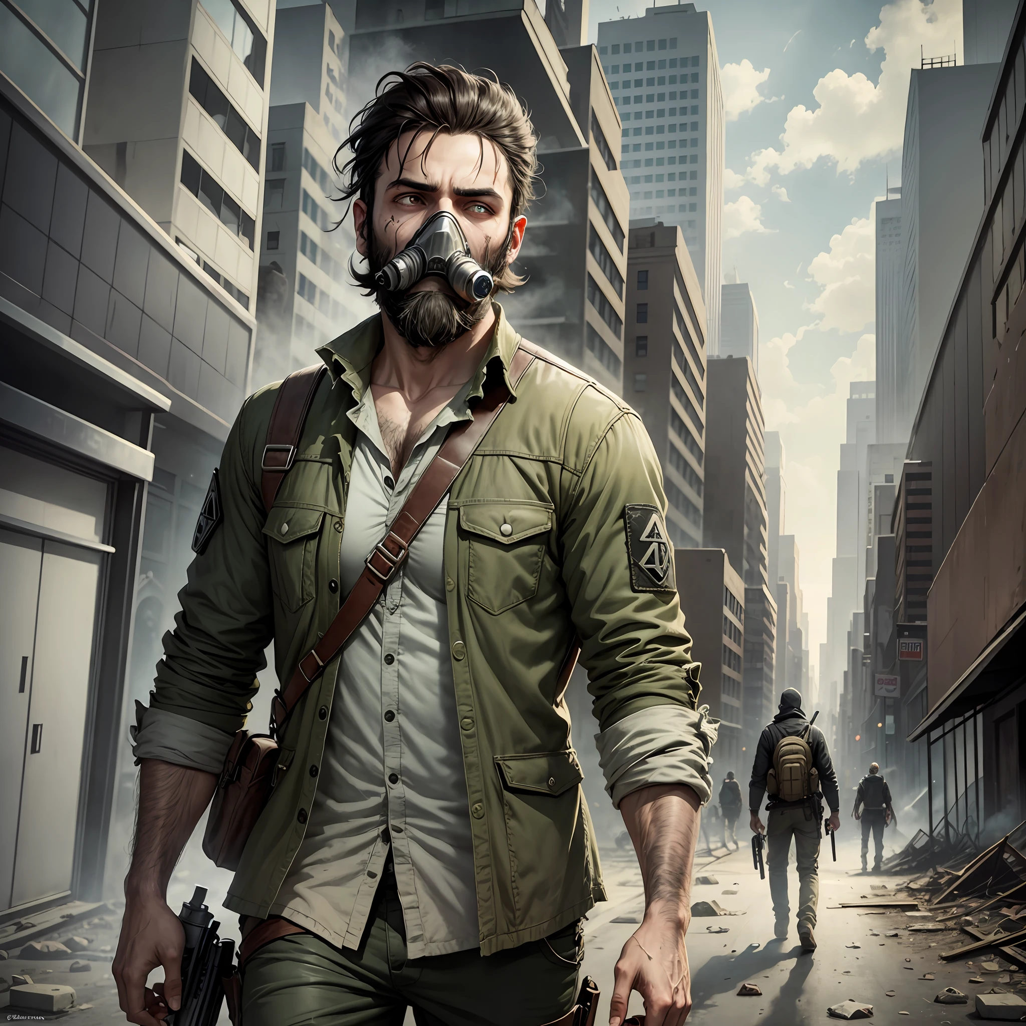 A bearded boy style Walking Dead, in a city in zombie ruins, ultra realistic, with gas mask on his face --auto --s2