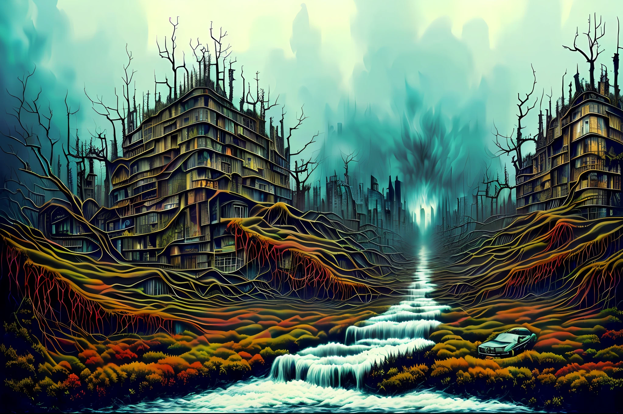 This horror art illustration features a hyper-detailed, mythical landscape viewed from a wide angle top-down perspective. The scene depicts a chaotic urban city surrounded by thorns and a polluted river leading to a morbid waterfall. The sky is filled with polluted madness, adding to the eerie and haunting atmosphere of the piece. The artwork was created through a collaboration between artists Michael Whelan, Dan Seagrave, and Marcos Miller, showcasing their combined skill in the production of surrealistic and horror elements. The intricate details throughout the artwork make it a hyper-detailed and haunting portrayal of a polluted and dystopian world.