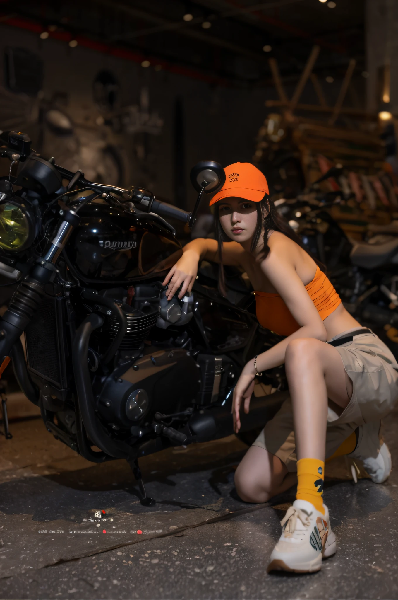 woman in orange shirt and helmet kneeling next to a motorcycle, shot on canon eos r5, shot on canon eos r 5, taken with canon eos 5 d mark iv, shot with canon eoa 6 d mark ii, sitting on cyberpunk motorbike, taken with canon 5d mk4, color ( sony a 7 r iv, shot on sony a 7 iii, motorcycle
