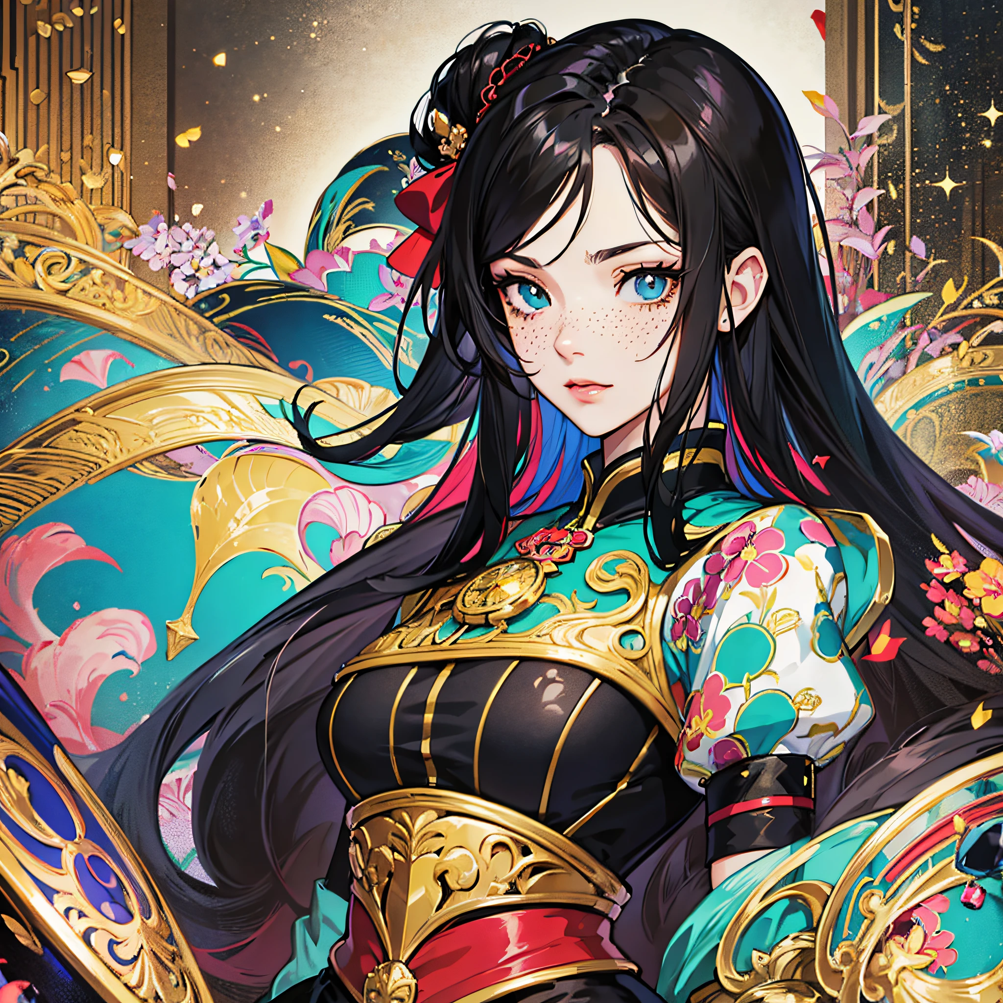 masterpiece, best quality, {best quality}, {{masterpiece}}, {highres}, focus, anime style, a closeup of a cartoon of a woman, girl design, portrait, giesha, anime image, long hair, black hair, straight eyes, polished and powerful look, exotic, tall, freckles, cheerful, vintage clothing, colorful, colors --auto --s2