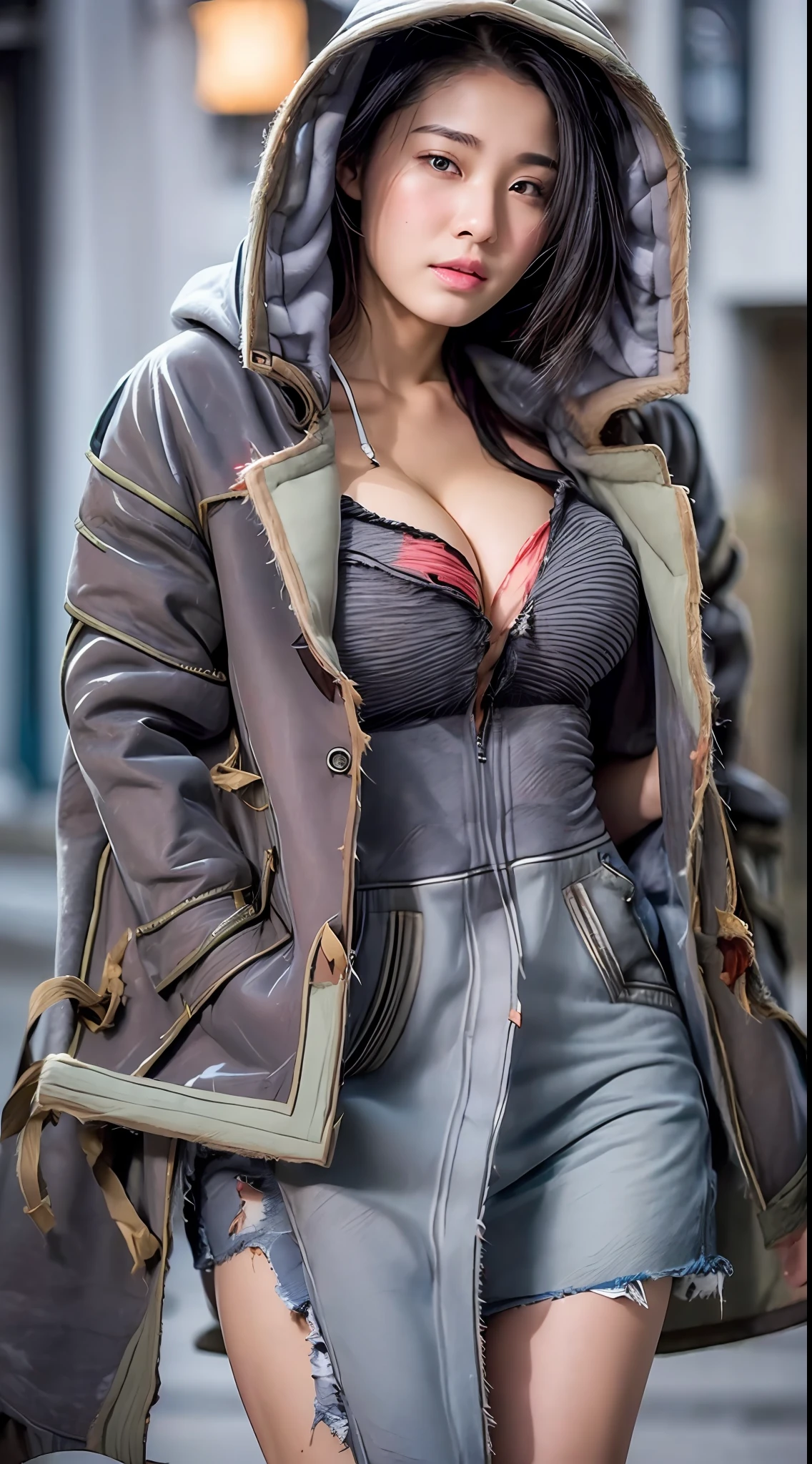 Best picture quality, extreme beautiful girl, , masterpiece, ultra high resolution, (fidelity :1.4), photo, 1 girl,[(sadness)], red shirt, Dim, dark, desperate, pitying, pitiful, cinematic,tear,teardrop,(Torn clothes:1.5), real snow, ((night)), ((old gray coat, torn coat:1.5)), ((hold a bag of matches)), ((hand hold a match)), ((torn hoodie)), ((cleavage, sexy, huge breasts))