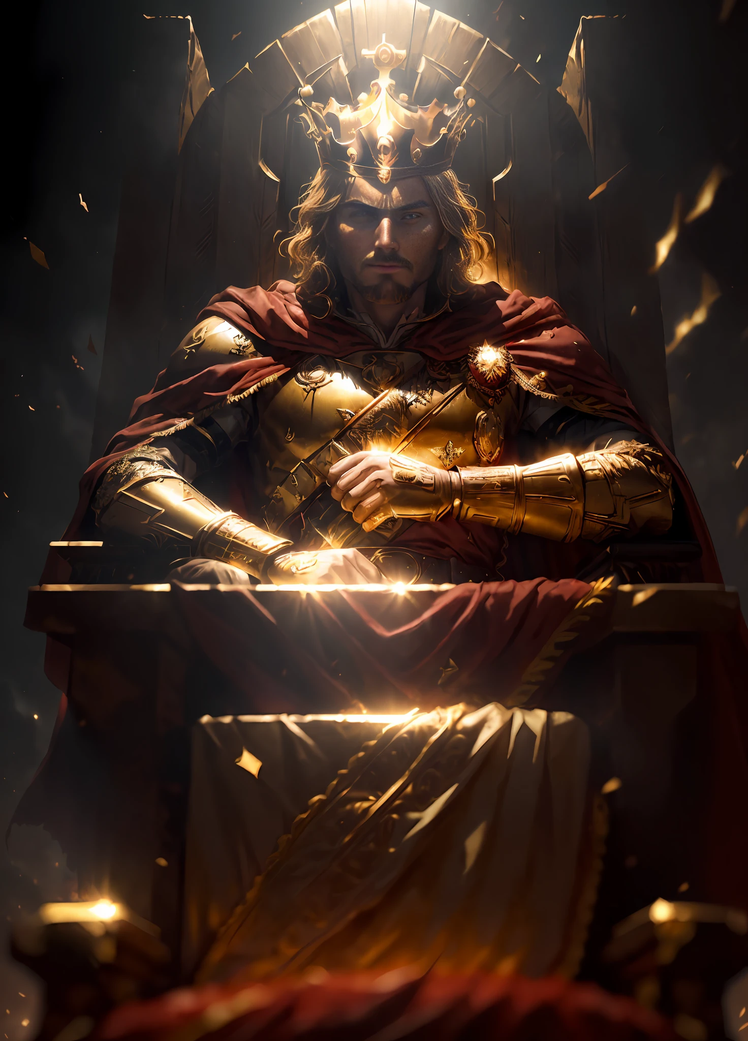 (best quality, ultra-detailed CG unity 8k wallpaper),(heroic atmosphere, majestic throne, golden armor, crown, red cape),(King Balor:1.5),leader of the Golden Army,strong imposing,battle-hardened face,sharp eyes, proud, confident stance.