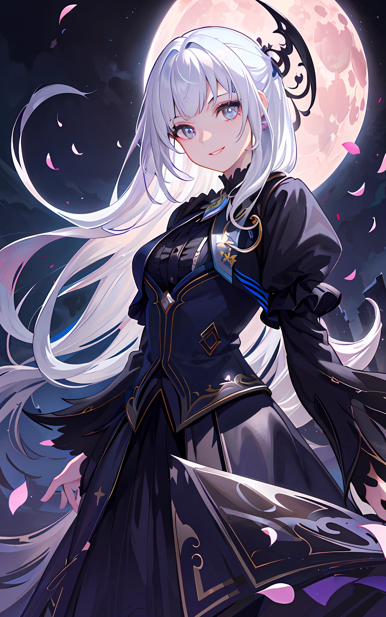 masterpiece, best quality, 1girl, (colorful),(finely detailed beautiful eyes and detailed face),cinematic lighting,bust shot,extremely detailed CG unity 8k wallpaper,white hair,solo,smile,intricate skirt,((flying petal)),(Flowery meadow) sky, cloudy_sky, building, moonlight, moon, night, (dark theme:1.3), light, fantasy,