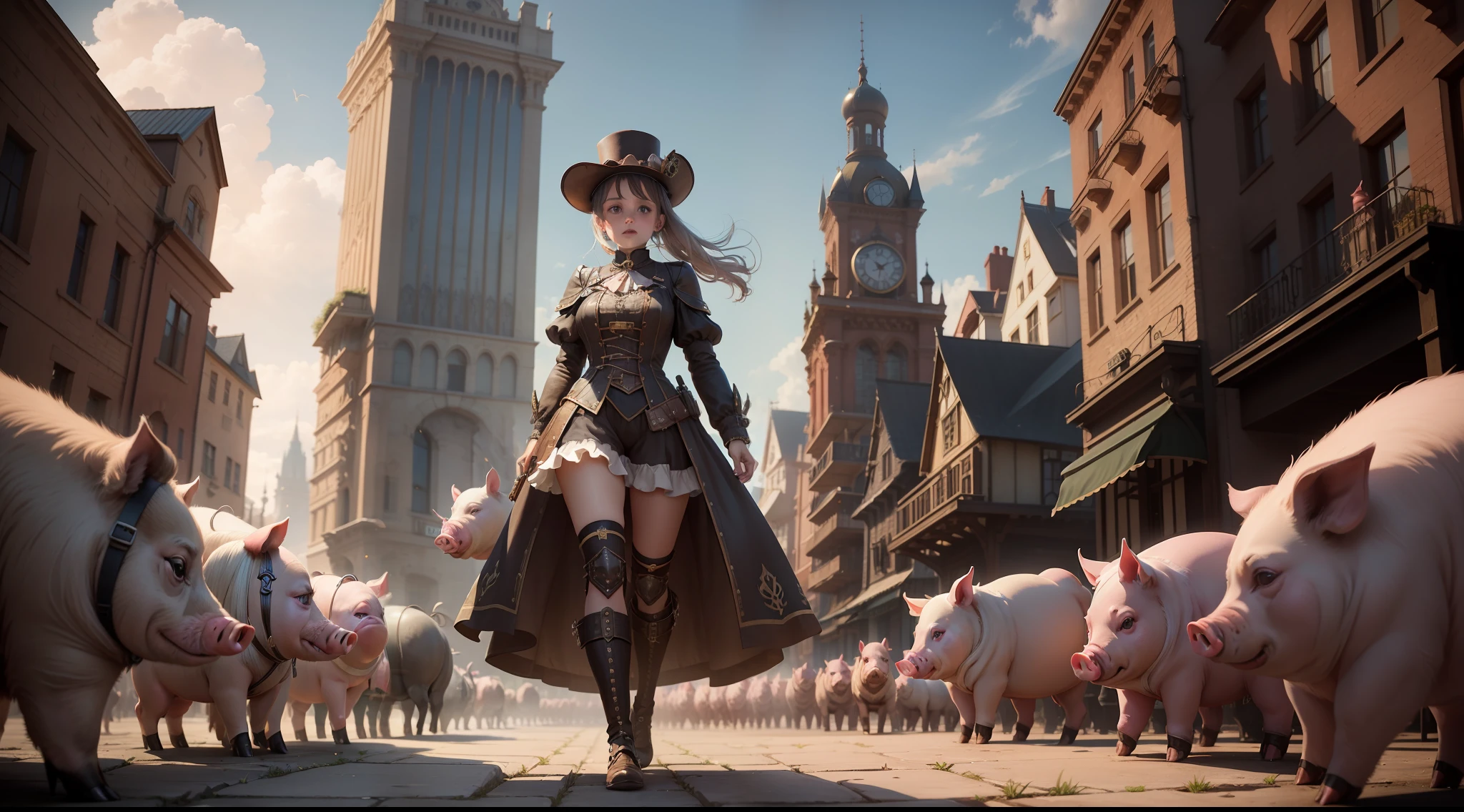 /imagine prompt: illustration of On the city square, a group of pigs in Steampunk clothes surrounded a beautiful girl with long pig ears ,Steampunk Pig::15, A group of pigs surrounded the little girl::18, Many, many pigs::12, A beautiful littlewith long pig ears::8, Centered Composition::5, Full Length Shot::12, Unreal Engine::14, Cinematic light::10, Volumetric light::10, Dramatic::8, Fantasy::7, hyper quality::8, near future city::13, Steampunk::15 --seed 4294967295 --s 400 --q 2 --c 20