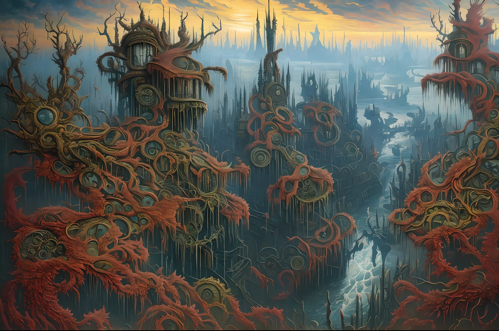 This horror art illustration features a hyper-detailed, mythical landscape viewed from a wide angle top-down perspective. The scene depicts a chaotic urban city surrounded by thorns and a polluted river leading to a morbid waterfall. The sky is filled with polluted madness, adding to the eerie and haunting atmosphere of the piece. The artwork was created through a collaboration between artists Michael Whelan, Dan Seagrave, and Marcos Miller, showcasing their combined skill in the production of surrealistic and horror elements. The intricate details throughout the artwork make it a hyper-detailed and haunting portrayal of a polluted and dystopian world.