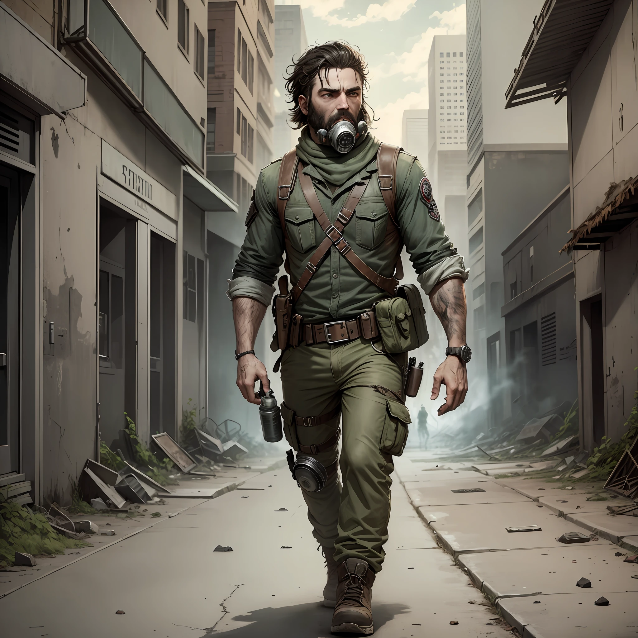 A bearded boy style Walking Dead, in a city in zombie ruins, ultra realistic, with gas mask on his face --auto --s2