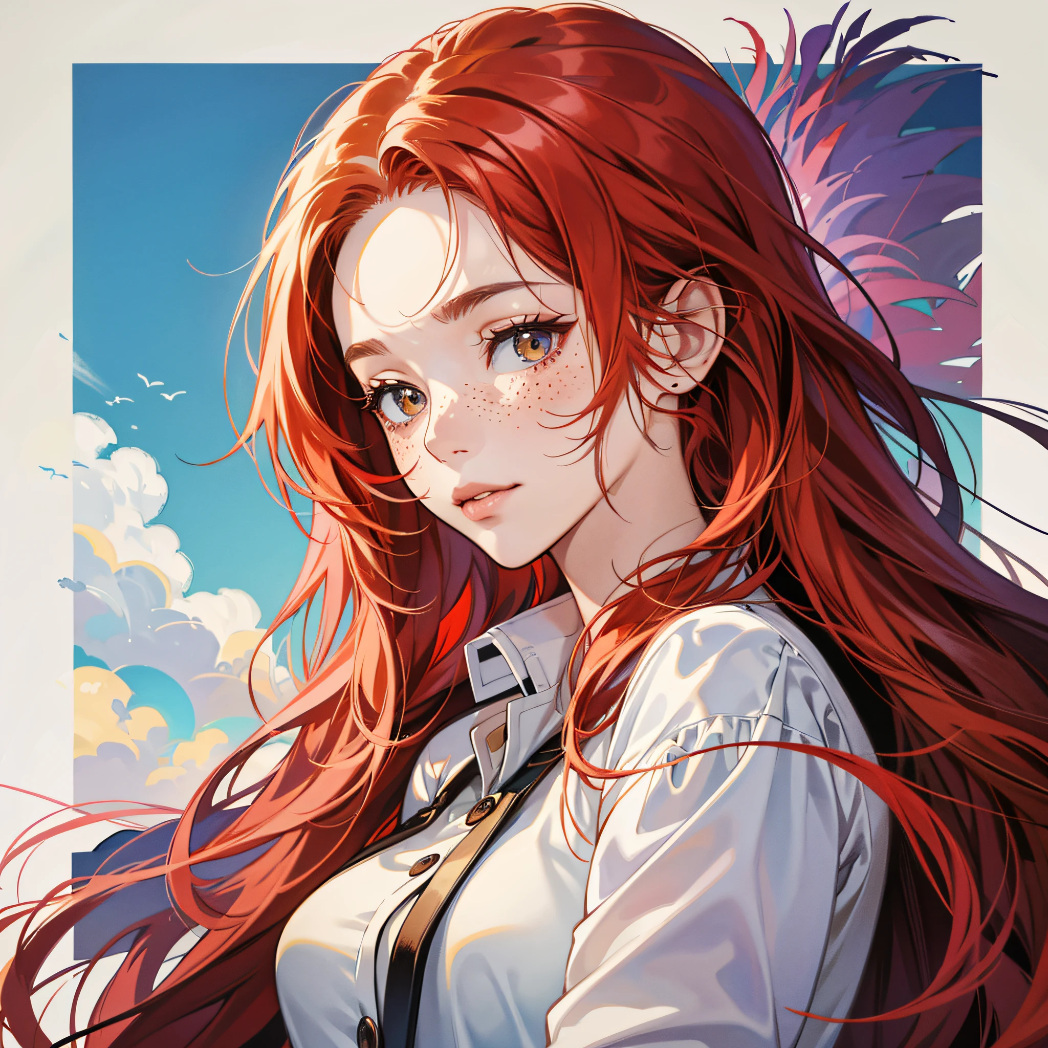 masterpiece, best quality, {best quality}, {{masterpiece}}, {highres}, focus, anime style, a closeup of a cartoon of a woman, girl design, portrait, giesha, anime image, long hair, red hair, redhead, straight eyes, polished and powerful look, exotic, tall, freckles, cheerful, casual chic clothing, colorful, colors --auto --s2