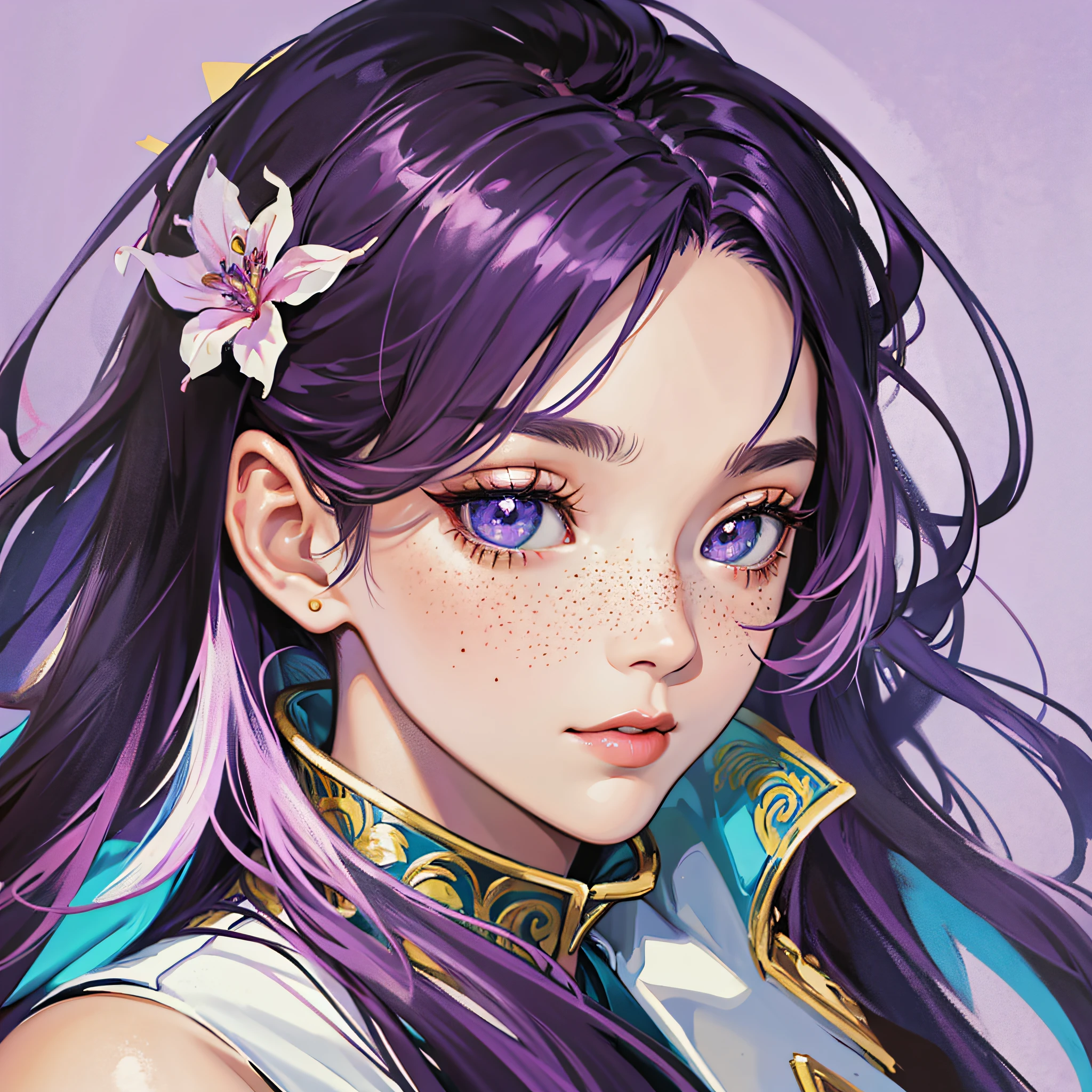Masterpiece, best quality, {best quality}, {{masterpiece}}, {highres}, focus, anime style, a closeup of a cartoon of a woman, girl design, portrait, giesha, anime image, long hair, purple hair, straight eyes, polished and powerful look, exotic, tall, freckles, cheerful, vintage clothing, colorful, colors --auto --s2