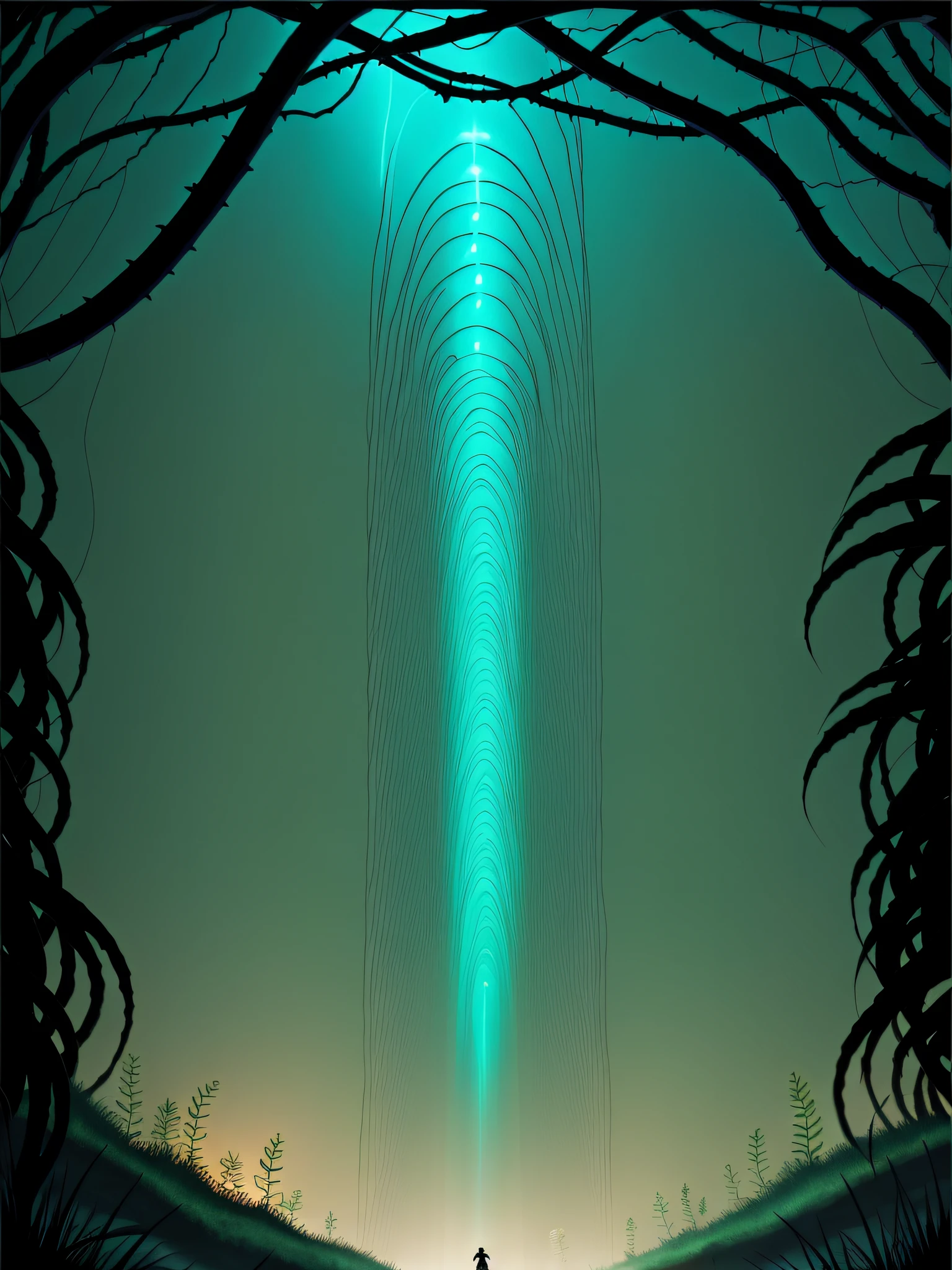 bioluminescent painting of a trail that leads to the center of the frame, hr giger, vibrant colors, 3d render, tentacles, vines, leaves, forest