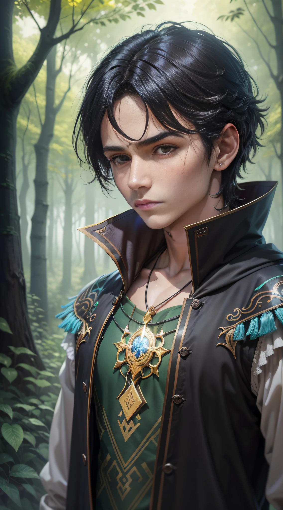 Character Kentarion, the young warrior boy, Human, orphan endowed with mysterious abilities, black hair, amber eyes, is in the middle of the forest of Azurana, observing the nature around him. ancestral trees, and seems to be absorbing the wisdom and secrets the forest has to offer. In the background, a faint magical glow is present, revealing the presence of magic and incantations in that place. The illustration should convey the sense of mystery, fascination and enchantment that permeate the magical world of Varnathia.