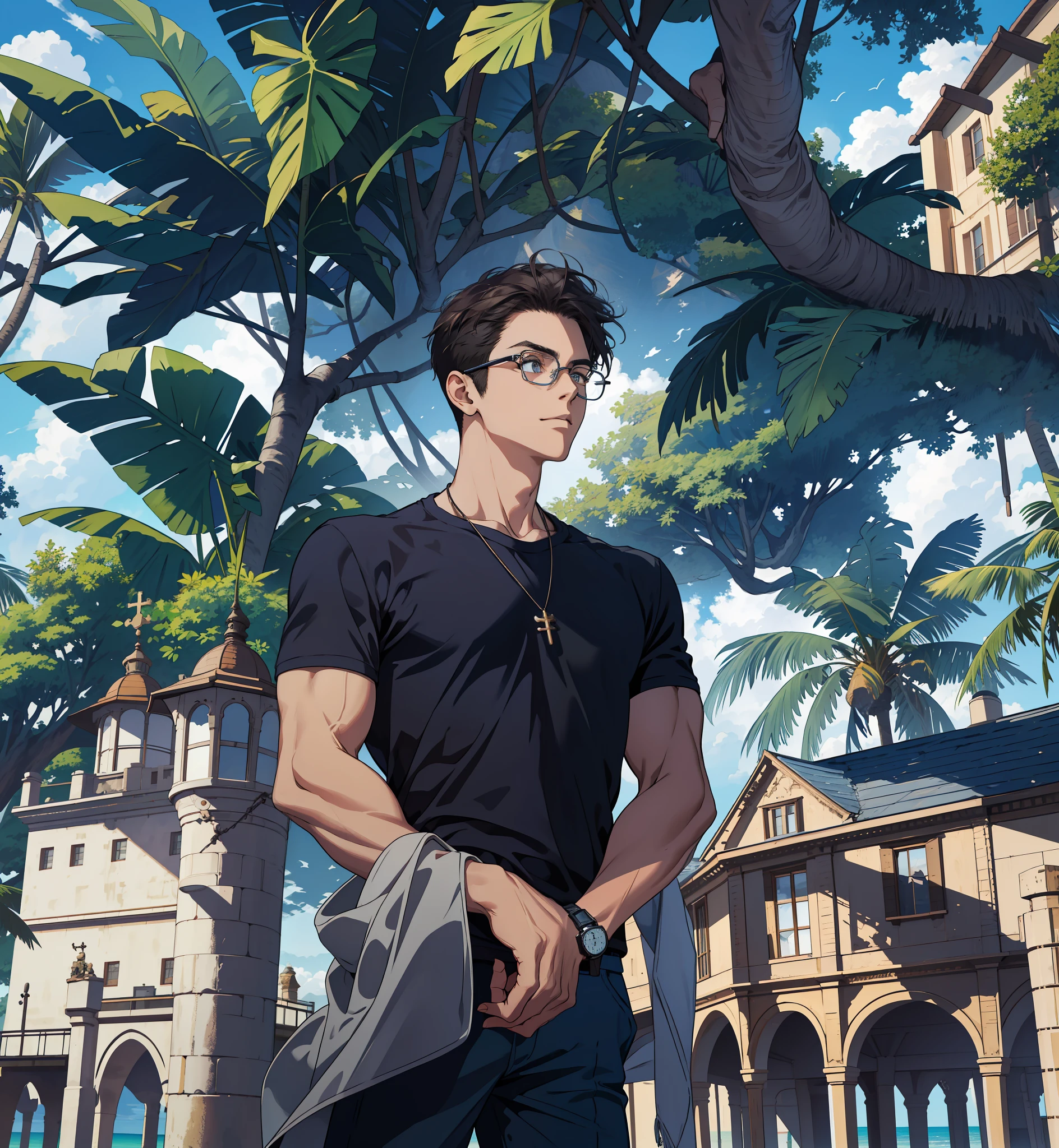 masterpiece, best quality, highres, 1boy, solo, standing, young boy, wearing navy blue t-shirt, detailed face, glasses, detailed eyes, dark eyes, wrist watch, jacket on hands, beach day, sunny day bright, open sky, clouds, depth of field, highly detailed