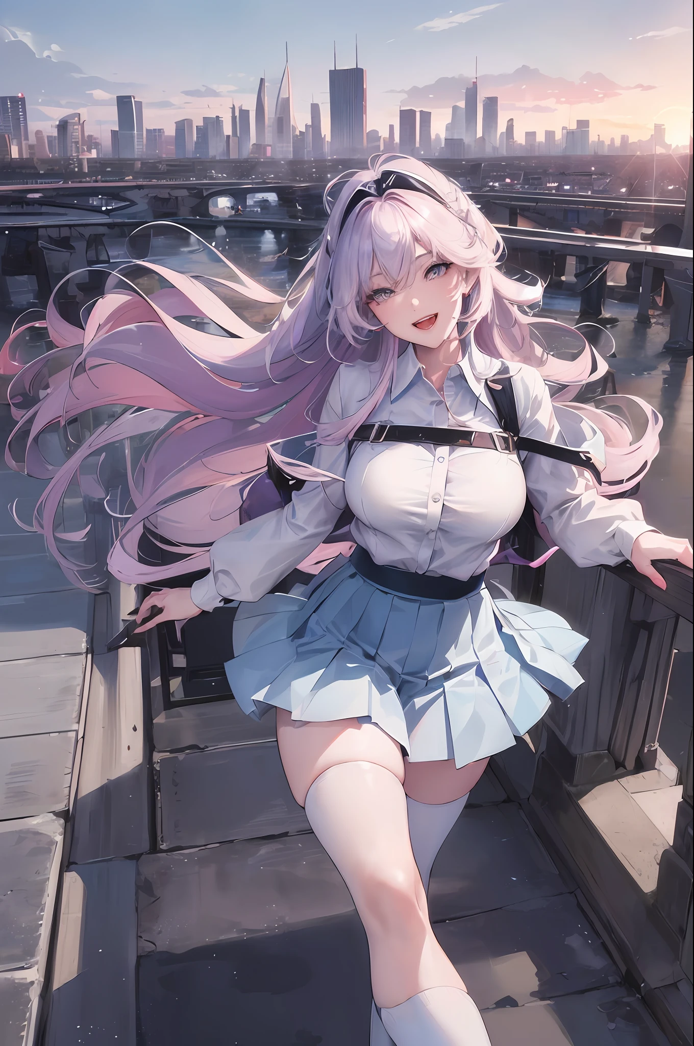 Official Art, Masterpiece, Sharp Focus, (Beautiful Gorgeous Cute Korean Woman: 1.3), Korean Beauty, Delicately Beautiful Hair and Eyes and Face, Realistic, Ultra Detailed, Beautiful Girl, Blue Sky, Glowing White Particles, (Sidelighting: 1.2), Sunlight, White Clouds, Detailed Clouds, Slender, Cute Big Breasts Big Buttocks, Toothy Laughing, ((Laughing with Eyes Open)), Landscape, Long Straight Hair, Sexy Facial Expressions, Architecture, (Cityscape:1.7), Dynamic hair, long straight hair, fine platinum-pink hair, glowing blue eyes, (purple pleated shirt + white skirt + black over-the-knee socks), bra, pale skin, hair accessories, epic landscape, leg close-up