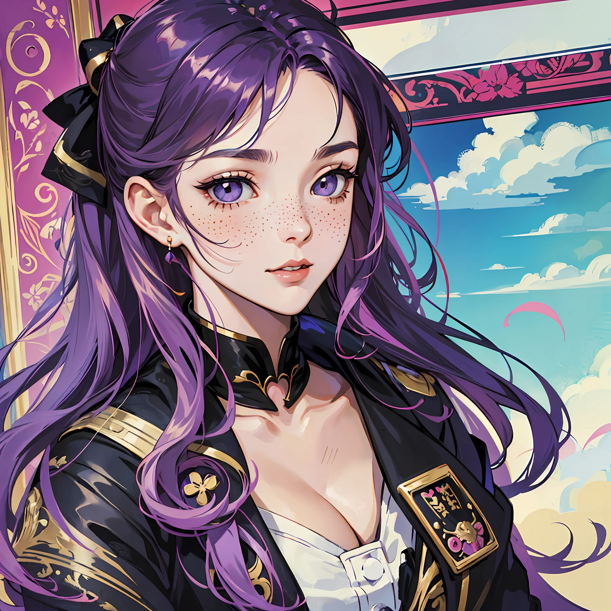 Masterpiece, best quality, {best quality}, {{masterpiece}}, {highres}, focus, anime style, a closeup of a cartoon of a woman, girl design, portrait, giesha, anime image, long hair, purple hair, straight eyes, polished and powerful look, exotic, tall, freckles, cheerful, vintage clothing, colorful, colors --auto --s2